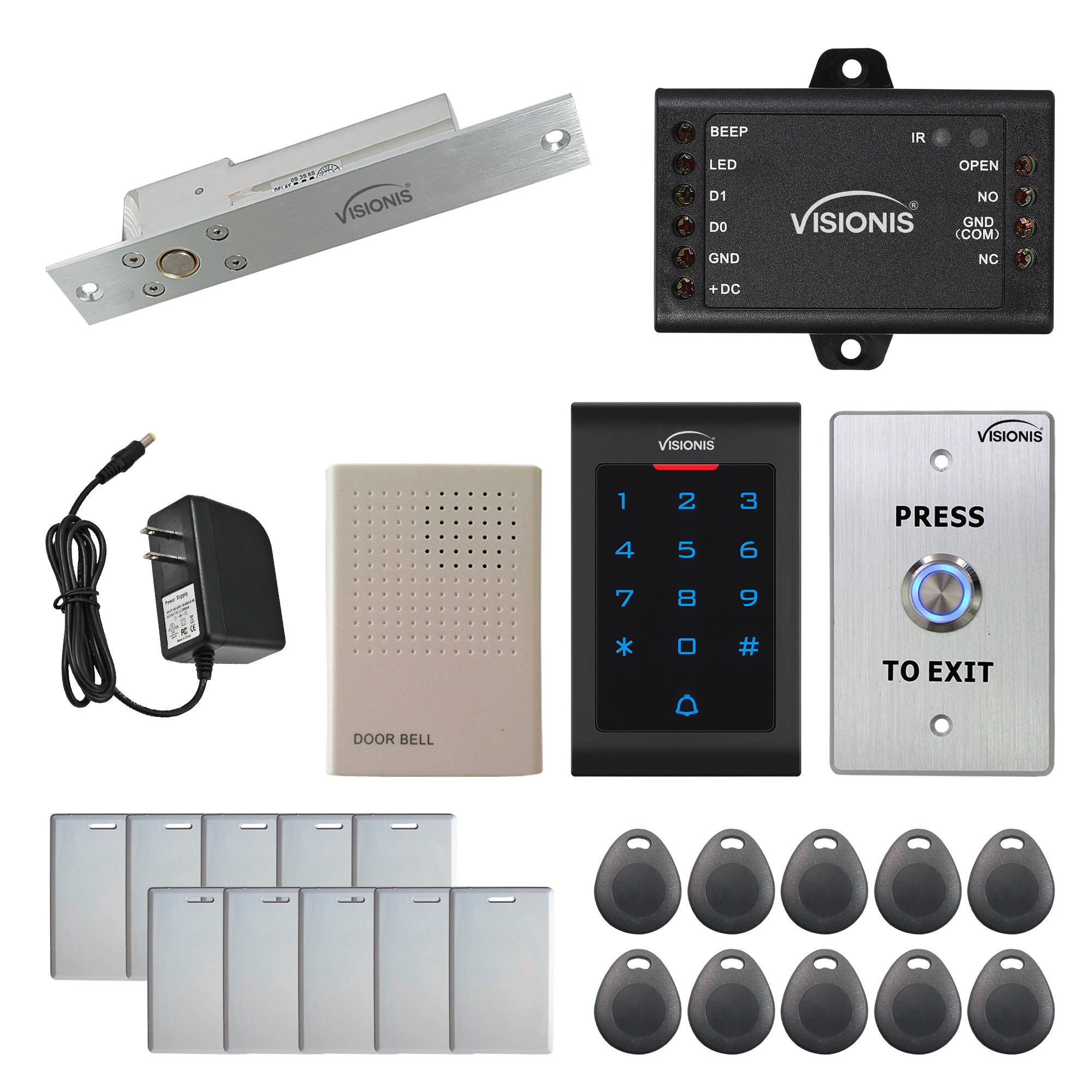 Visionis FPC-5541 One Door Access Control 1,700lbs Electric Drop Bolt Fail Safe Time Delay + Indoor Use Only Keypad/Reader Standalone With Mini Controller + Wiegand 26, No Software, EM Card Kit