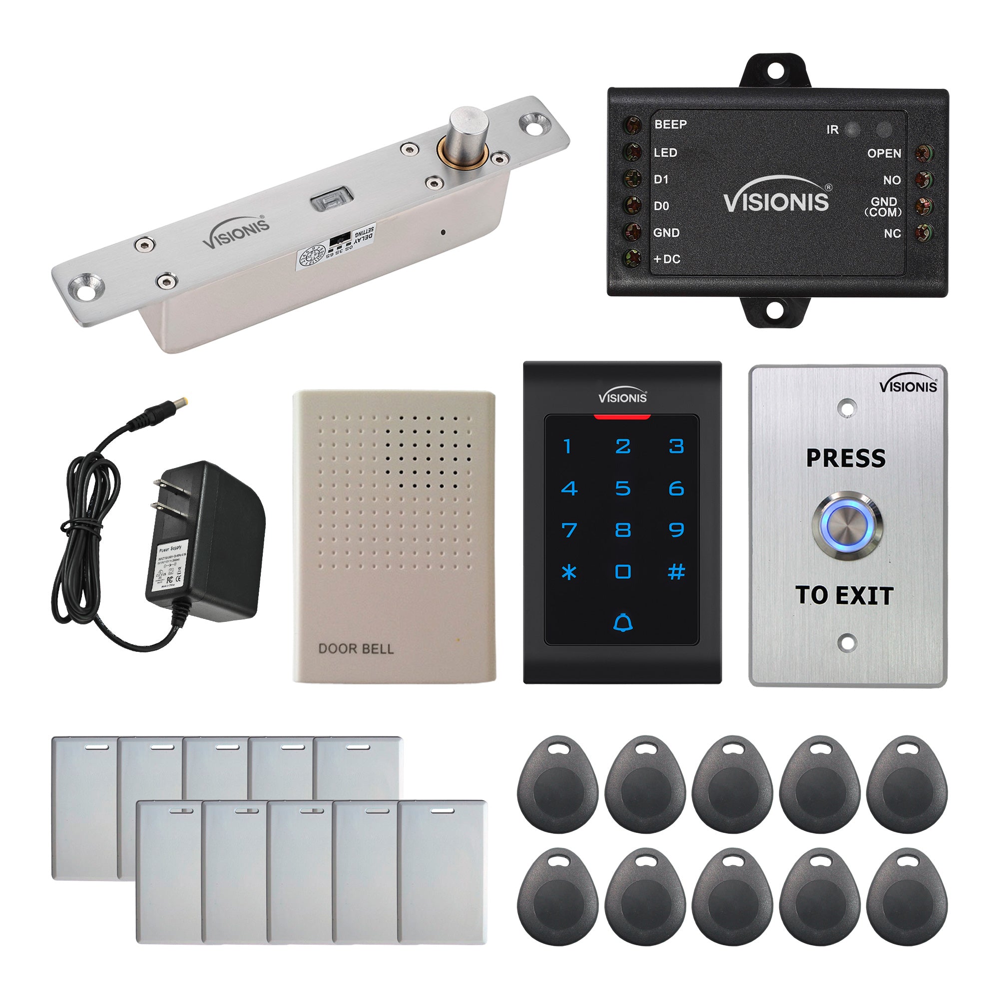 Visionis FPC-5542 One Door Access Control 2,600lbs Electric Drop Bolt Fail Secure Time Delay + Indoor Use Only Keypad / Reader Standalone With Mini Controller + Wiegand 26, No Software, EM Card Kit