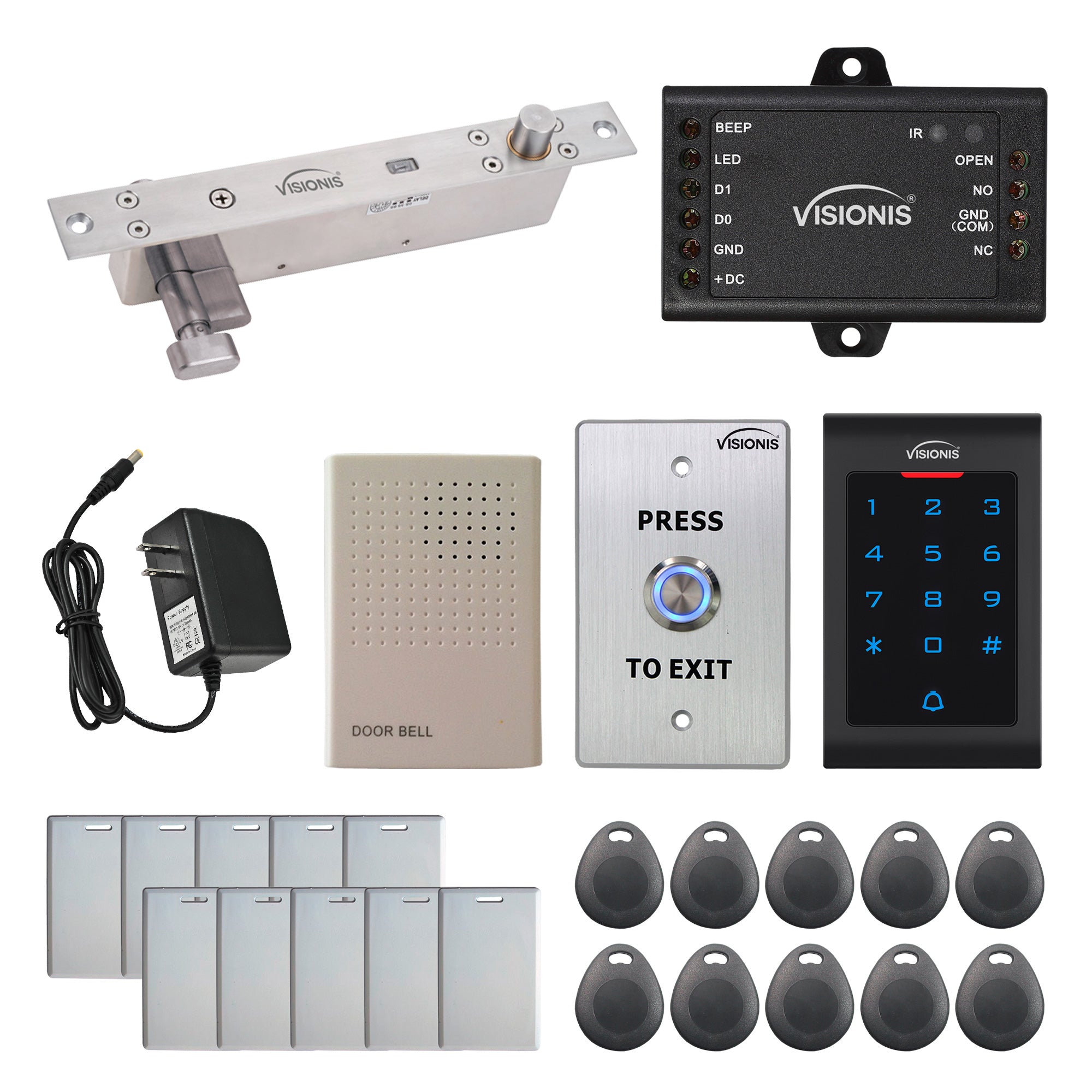 FPC-5543 One Door Access Control 2,600lbs Electric Drop Bolt Fail Secure Time Delay + Key Cylinder + Indoor Use Only Keypad/Reader Standalone With Mini Controller + Wiegand 26, No Software, EM Card