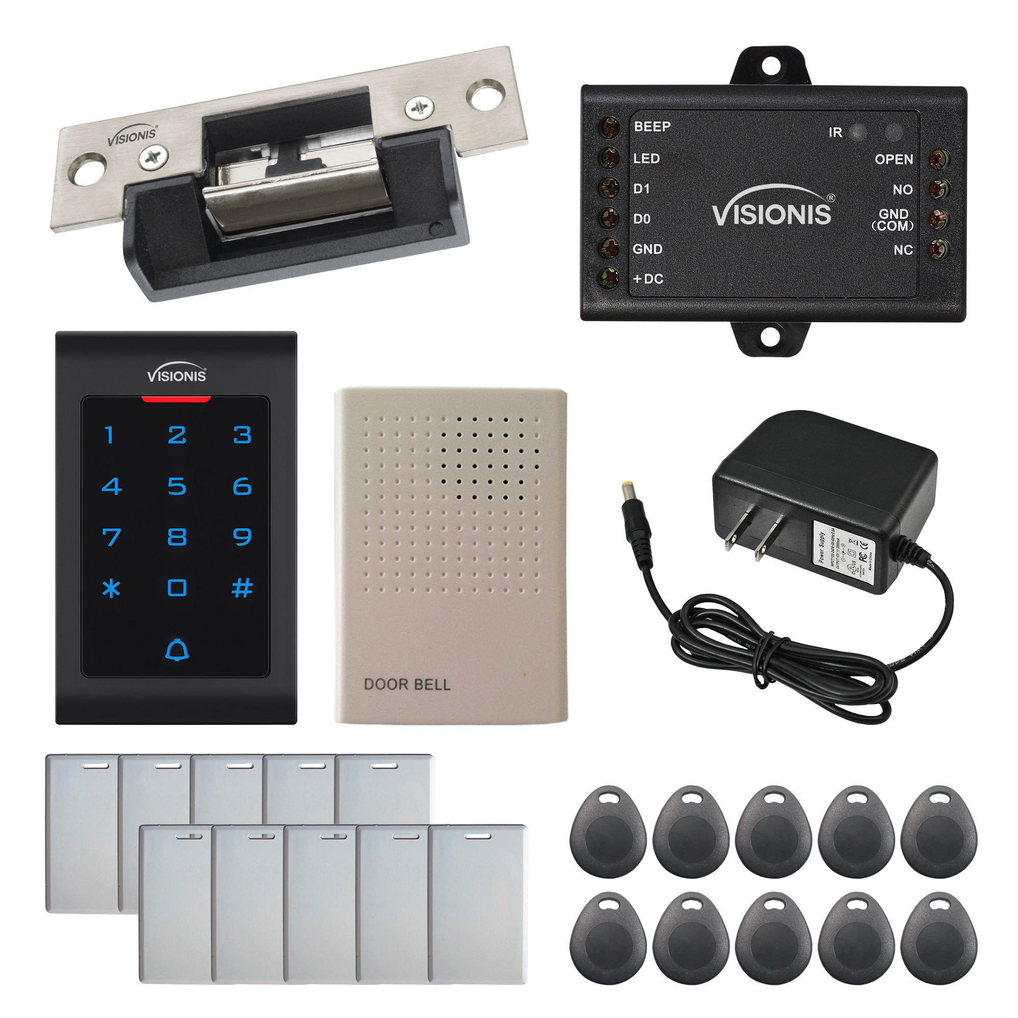 Visionis FPC-5547 One Door Access Control 770lbs Electric Strike Fail Safe + VIS-3002 Indoor Use Only Keypad/Reader Standalone With Mini Controller + Wiegand 26, No Software, EM Card, 1000 Users Kit