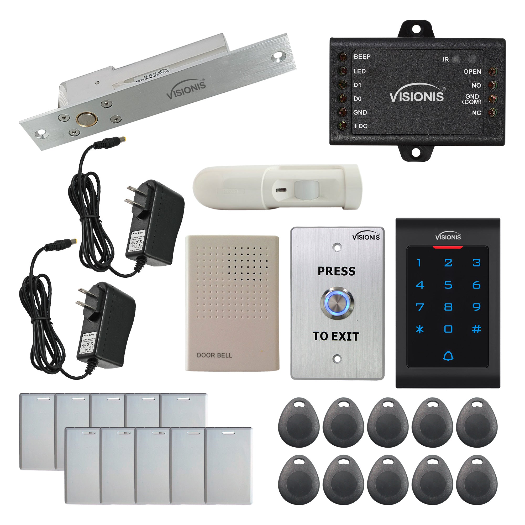 Visionis FPC-5552 One Door Access Control 1,700lbs Electric Drop Bolt Fail Safe Time Delay + Indoor Use Only Keypad/Reader Standalone With Mini Controller + Wiegand 26, No Software, EM Card + PIR Kit