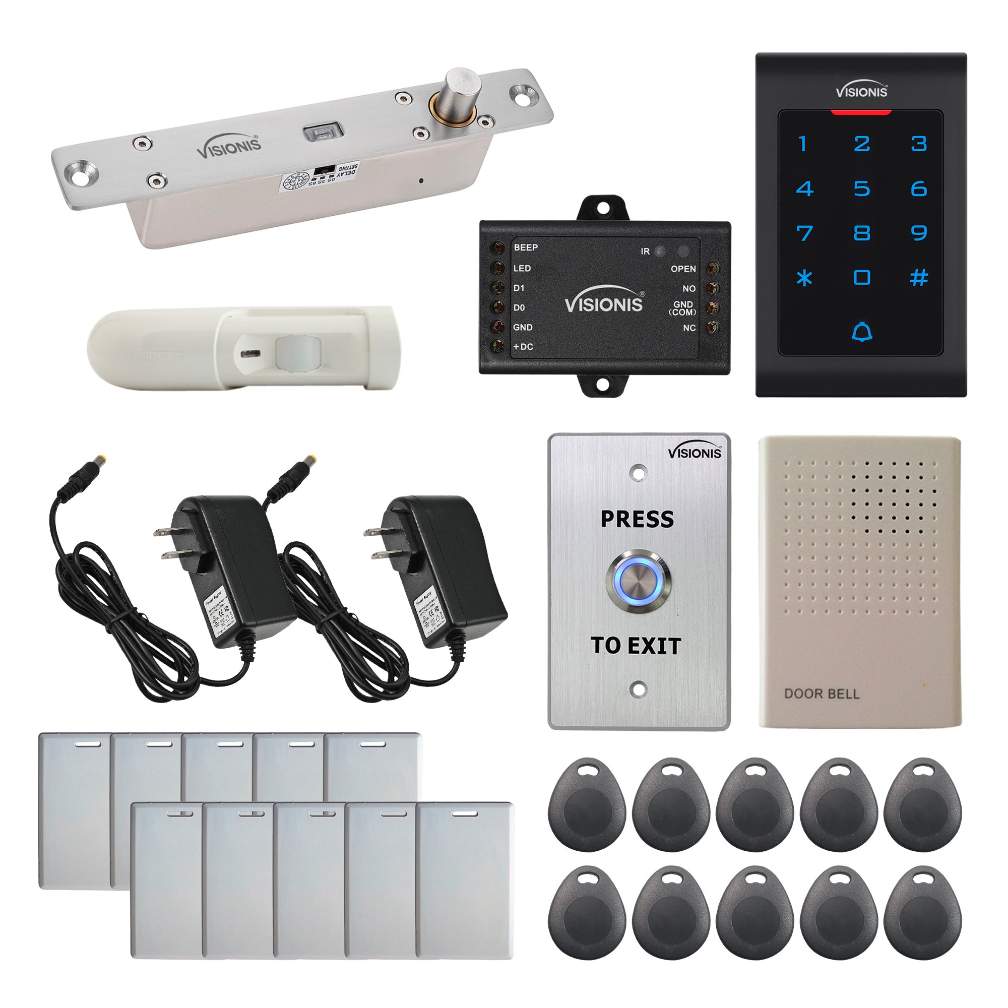 Visionis FPC-5553 One Door Access Control 2600lbs Electric Drop Bolt Fail Secure Time Delay + Indoor Use Only Keypad / Reader Standalone + Mini Controller + Wiegand 26, No Software, EM Card + PIR Kit