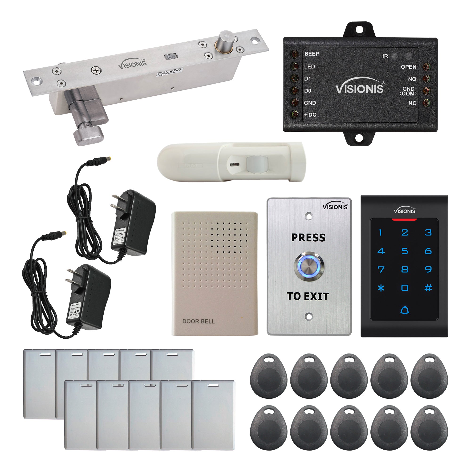 FPC-5554 One Door Access Control 2,600lbs Electric Drop Bolt Fail Secure Key Cylinder + Indoor Use Only Keypad / Reader Standalone With Mini Controller + Wiegand 26, No Software, EM Card + PIR Kit