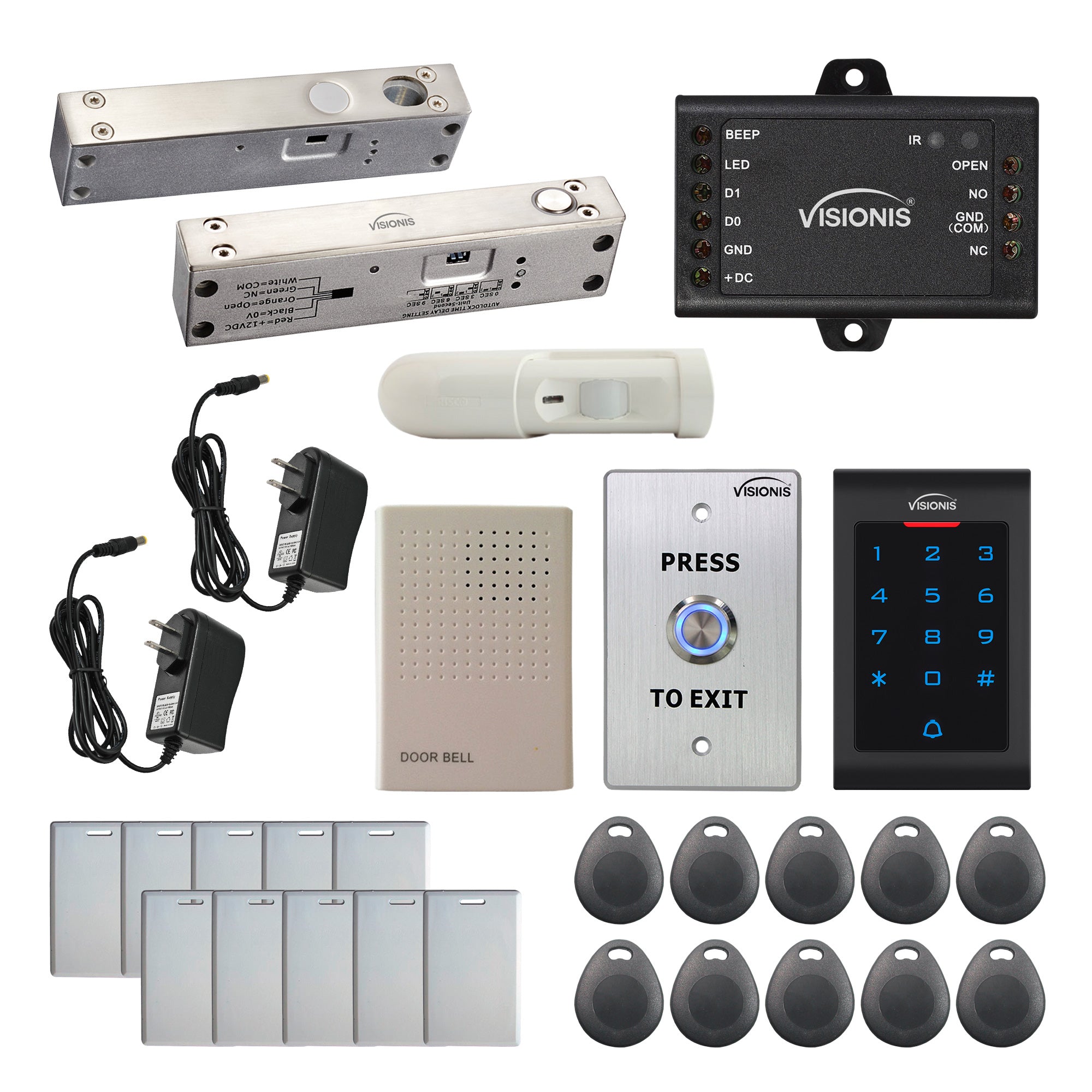 Visionis FPC-5555 One Door Access Control 2,200lbs Electric Drop Bolt Fail Safe For Narrow Door + Indoor Use Only Keypad/Reader Standalone With Mini Controller + Wiegand 26 No Software EM Card + PIR