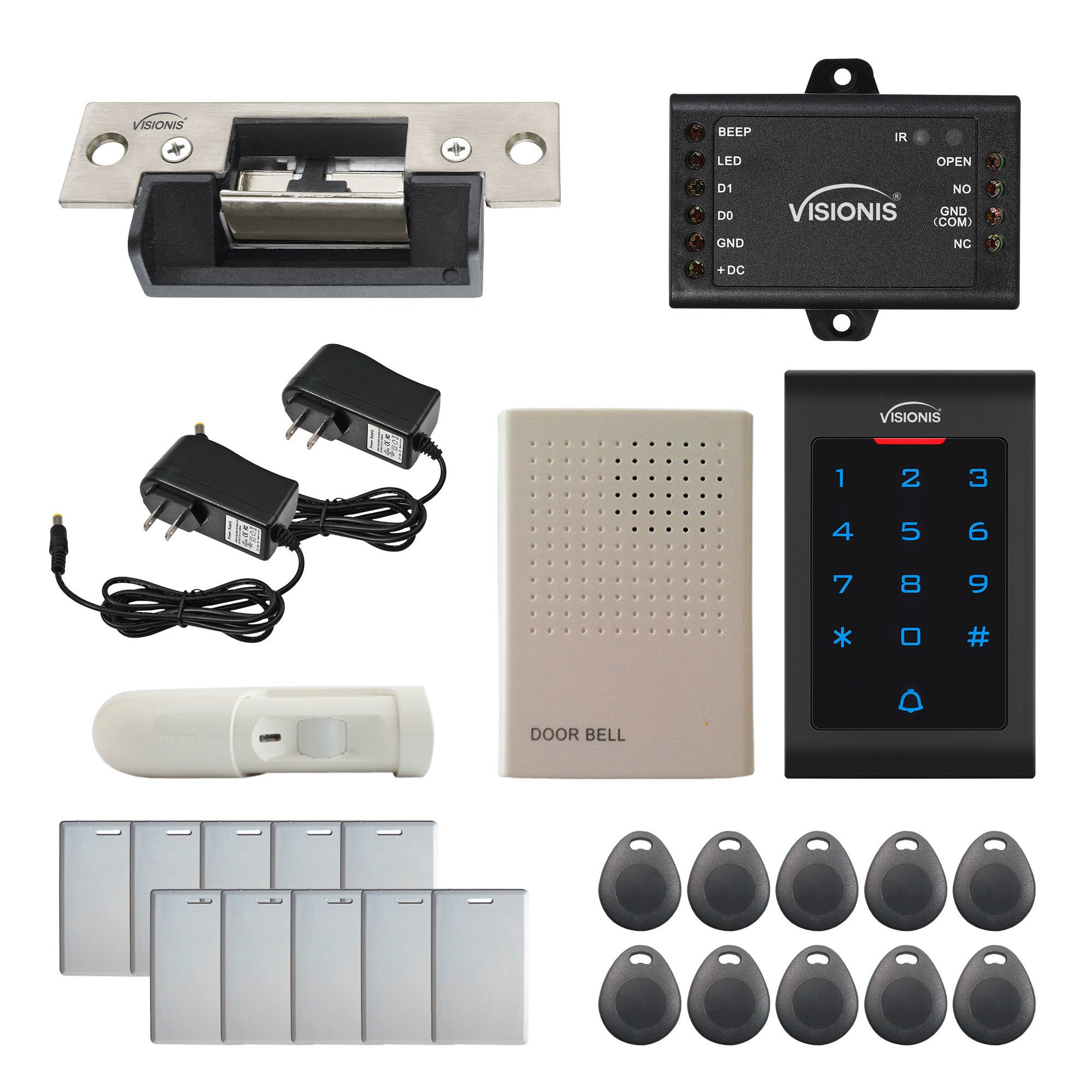 Visionis FPC-5559 One Door Access Control 770lbs Electric Strike Fail Safe + Indoor Use Only Keypad/Reader Standalone With Mini Controller + Wiegand 26, No Software, EM Card, 1000 Users + PIR Kit