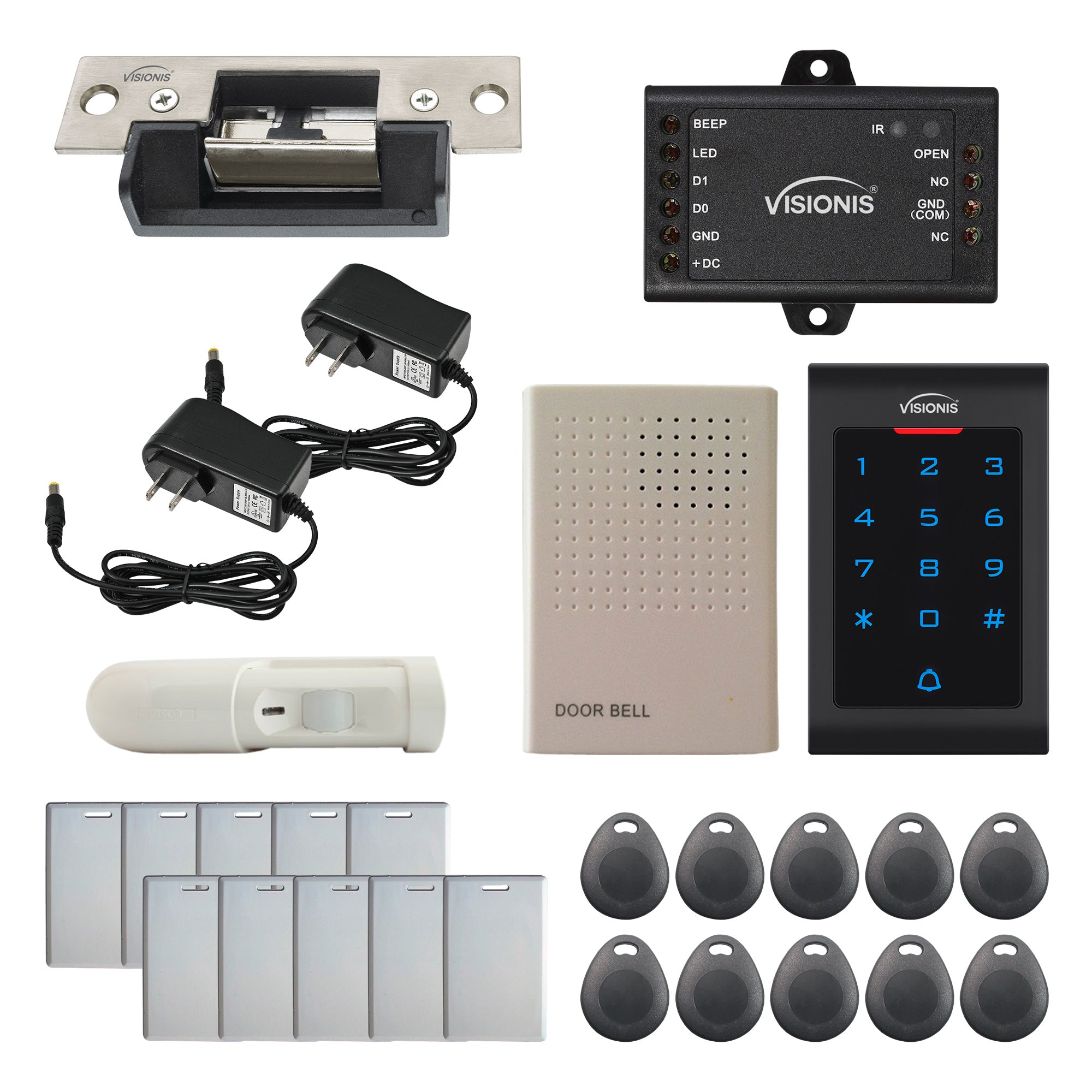 Visionis FPC-5560 One Door Access Control 770lbs Electric Strike Fail Secure + Indoor Use Only Keypad/Reader Standalone With Mini Controller + Wiegand 26, No Software, EM Card, 1000 Users + PIR Kit