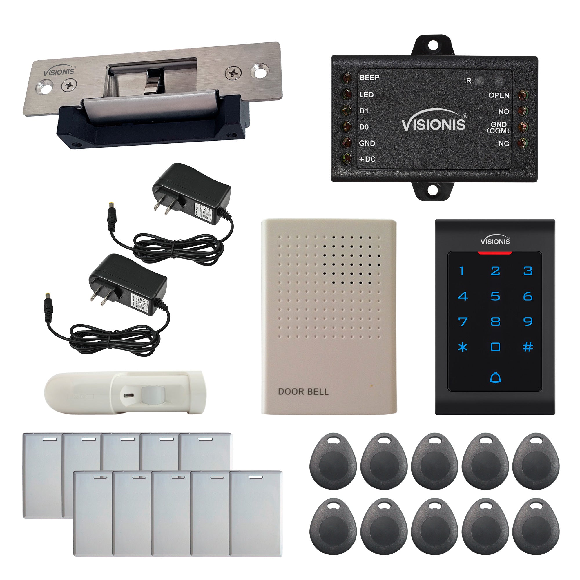 FPC-5561 One Door Access Control 770lbs Electric Strike Fail Safe + Fail Secure Adjustable + Indoor Use Only Keypad/Reader Standalone With Mini Controller + Wiegand 26, No Software, EM Card + PIR Kit