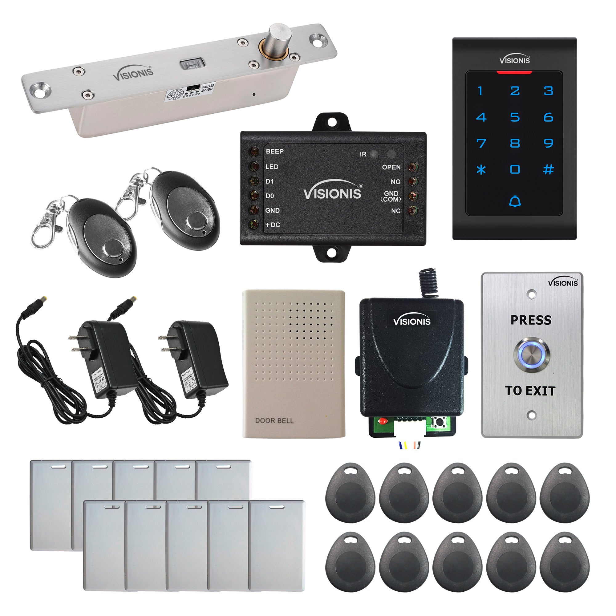 FPC-5565 1 Door Access Control 2,600lbs Electric Drop Bolt Fail Secure Time Delay + Indoor Use Only Keypad / Reader Standalone + Mini Controller + Wiegand 26, No Software, EM Card + Wireless Receiver