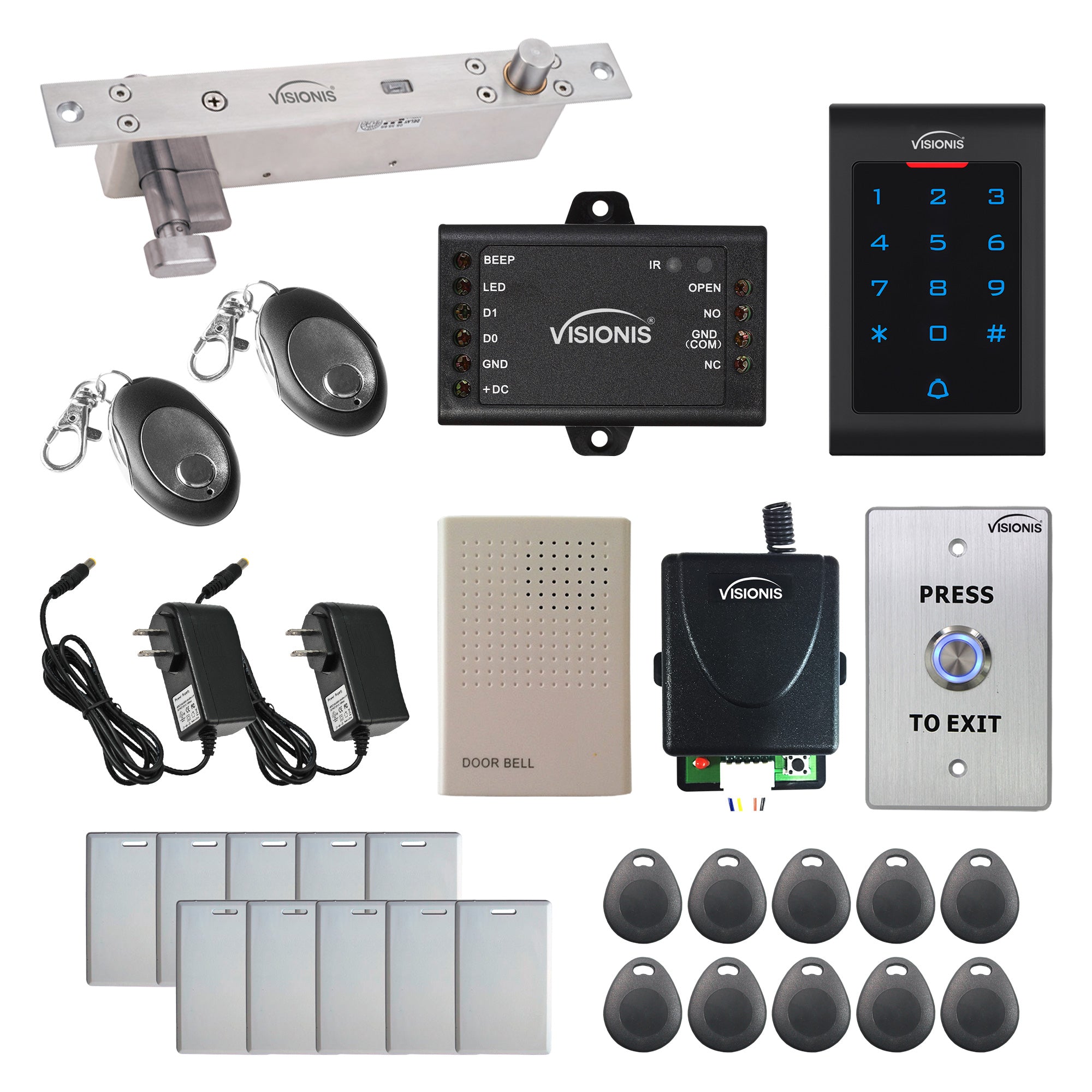 FPC-5566 1 Door Access Control 2,600lbs Electric Drop Bolt Fail Secure Key Cylinder + Indoor Use Only Keypad/Reader Standalone + Mini Controller + Wiegand 26, No Software, EM Card + Wireless Receiver