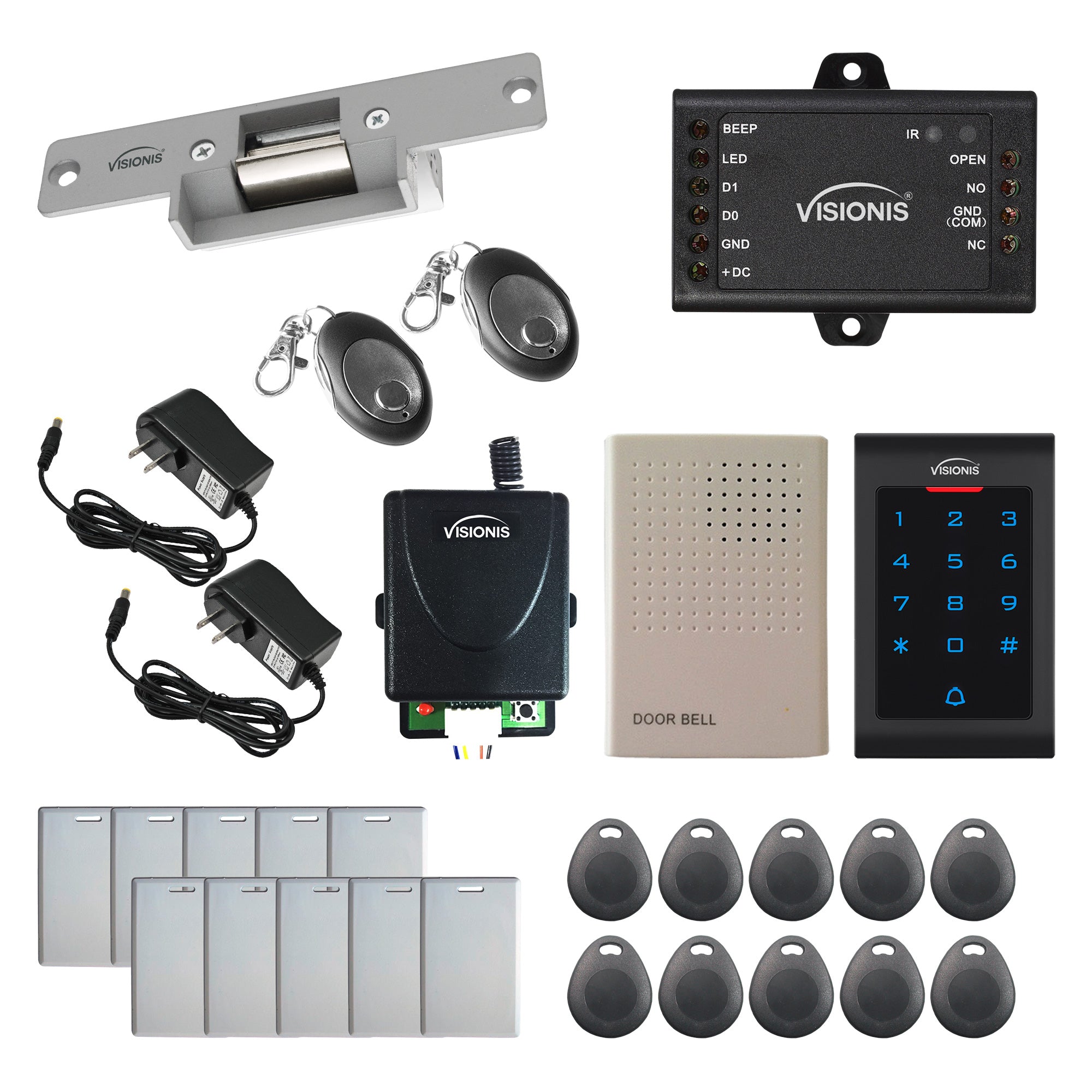 Visionis FPC-5570 1 Door Access Control 770lbs Electric Strike Fail Safe + Indoor Use Keypad/Reader Standalone With Mini Controller + Wiegand 26, No Software, EM Card, 1000 Users + Wireless Receiver