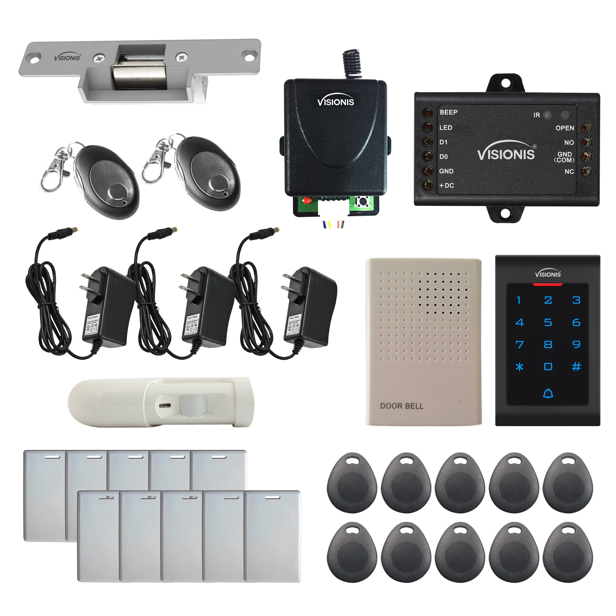 FPC-5582 One Door Access Control 770lbs Electric Strike Fail Safe + Indoor Use Only Keypad/Reader Standalone With Mini Controller + Wiegand 26, No Software, EM Card + Wireless Receiver + PIR Kit