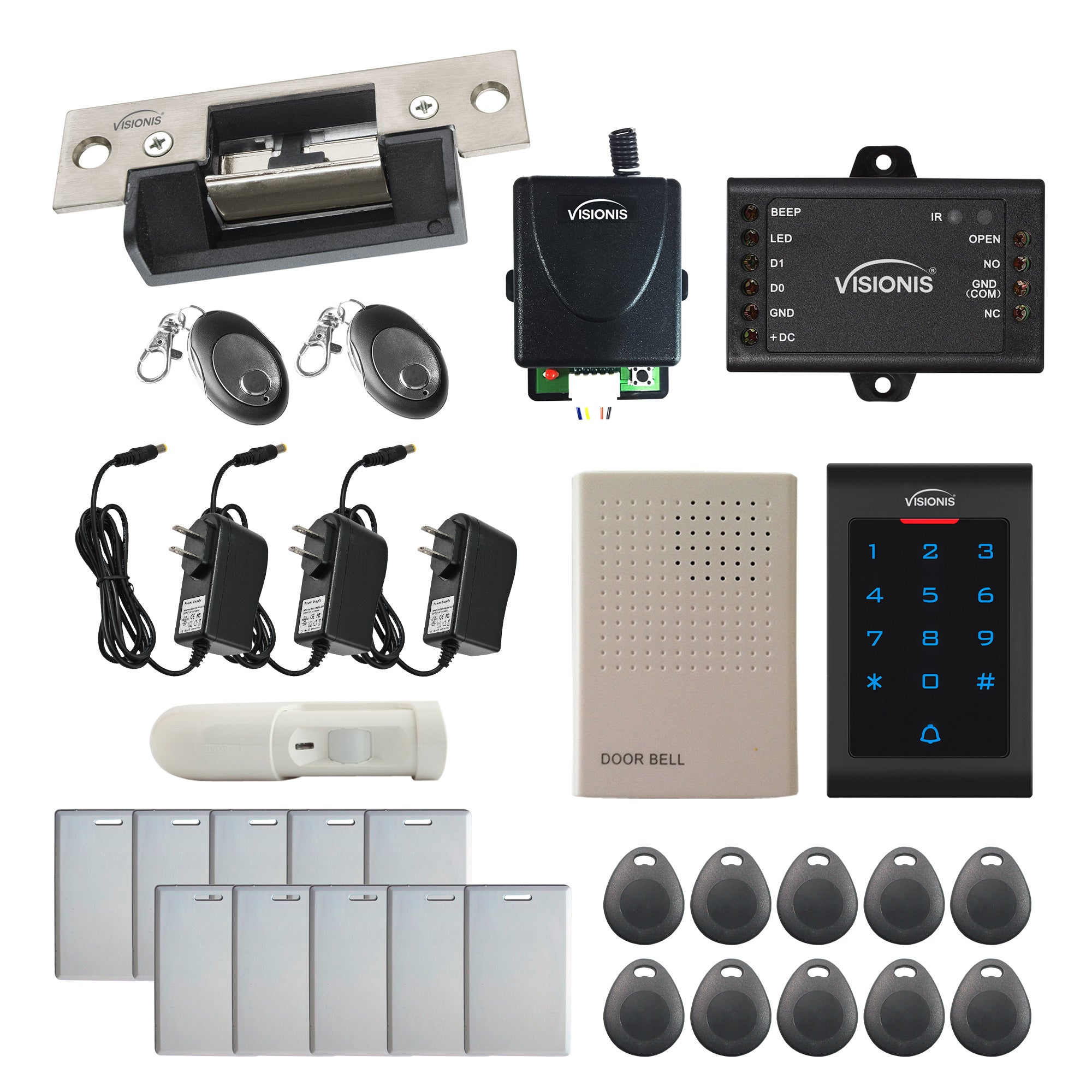 Visionis FPC-5584 One Door Access Control 770lbs Electric Strike Fail Secure + Indoor Use Keypad/Reader Standalone With Mini Controller + Wiegand 26, No Software, EM Card + Wireless Receiver + PIR