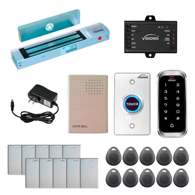 Standalone access control with 300 lbs maglocks, keypad card reader, push to exit button - FPC-5588