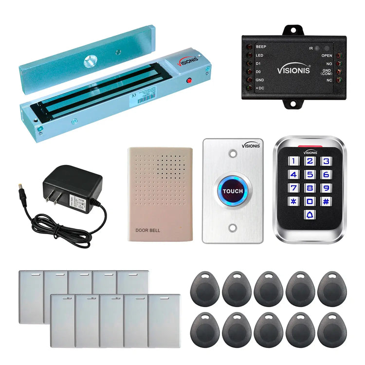 Standalone access control system with 600 lbs maglock, keypad card reader, push to exit button - FPC-5616