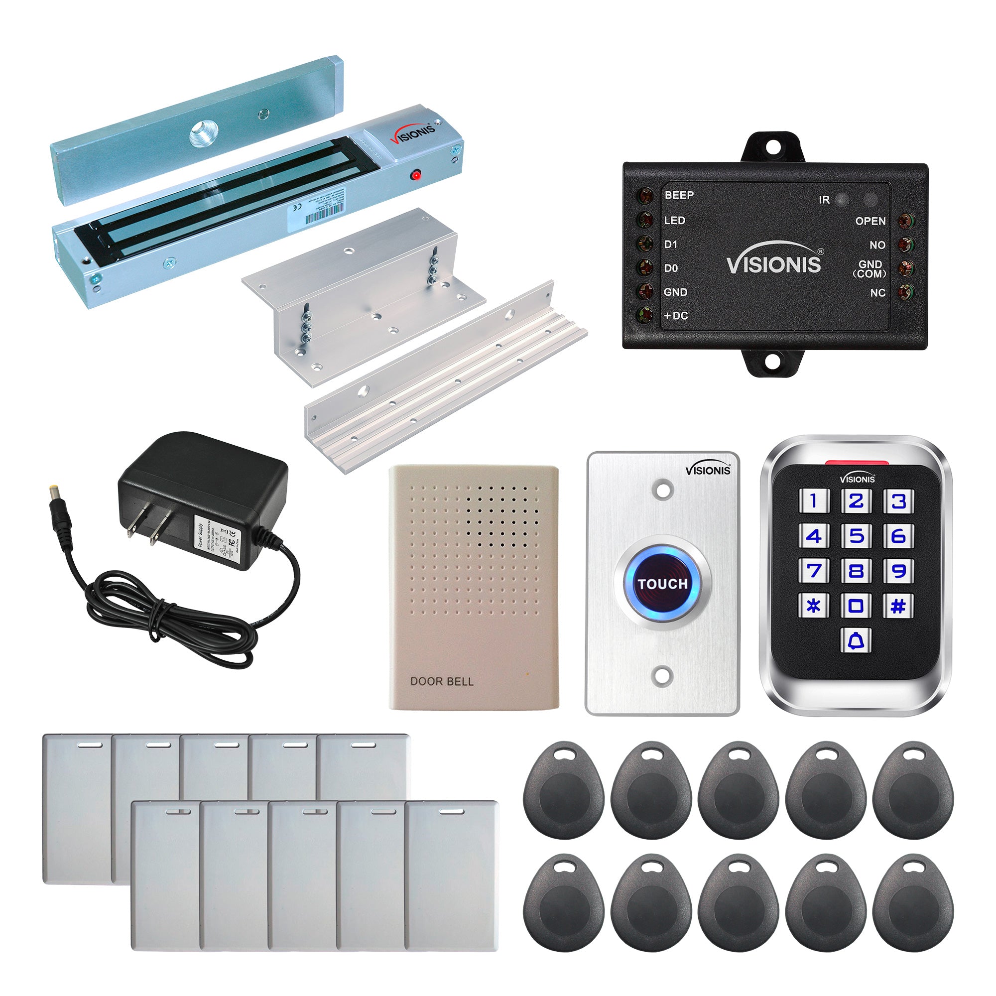 Visionis FPC-5617 One Door Access Control In Swinging Door 600lbs Maglock + Outdoor Metal Touch Keypad/Reader Standalone With Mini Controller + Wiegand 26, No Software, EM Card, 1000 Users Kit