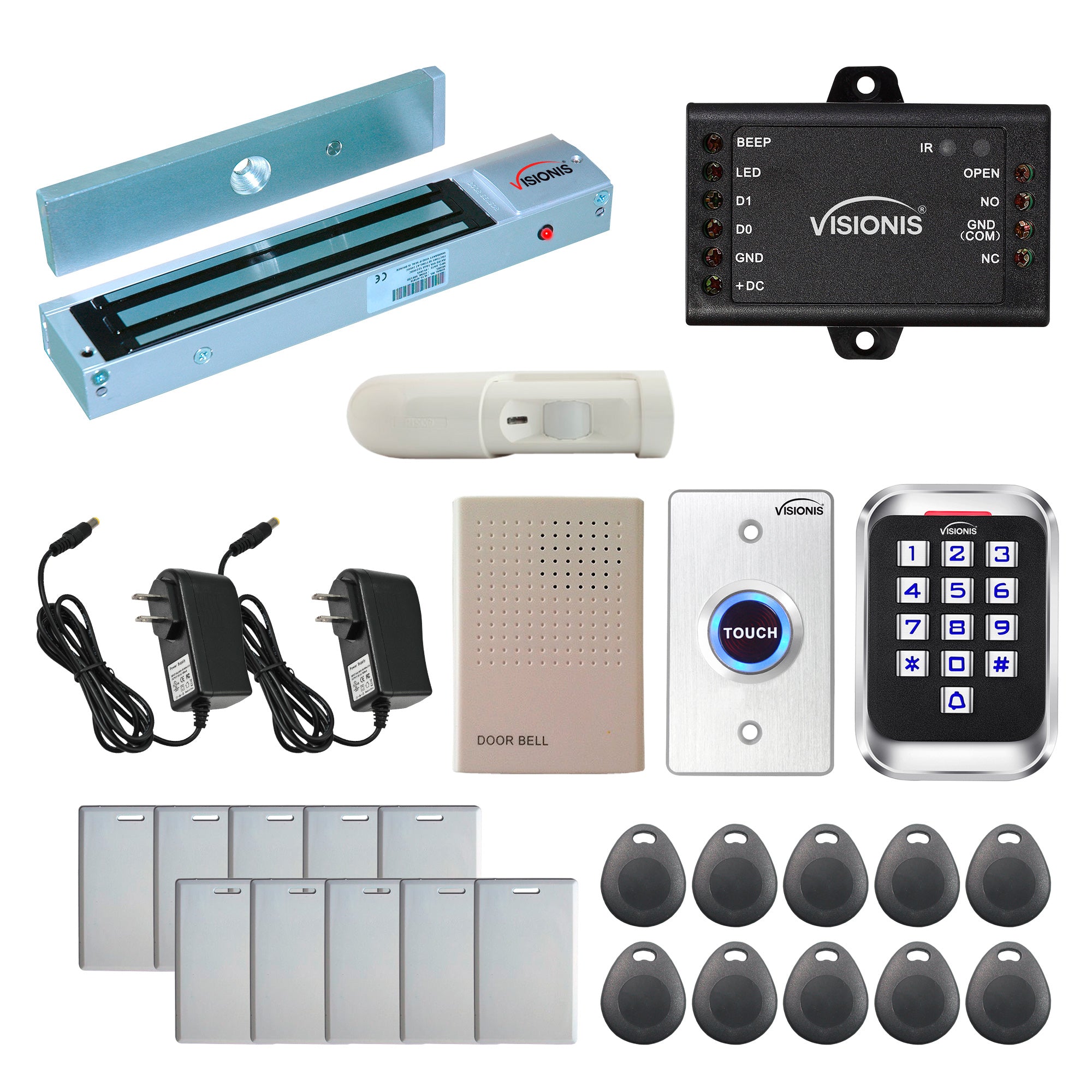 Visionis FPC-5618 One Door Access Control Out Swinging Door 600lbs Maglock + Outdoor Metal Touch Keypad/Reader Standalone With Mini Controller + Wiegand 26, No Software, EM Card, 1000 Users + PIR Kit