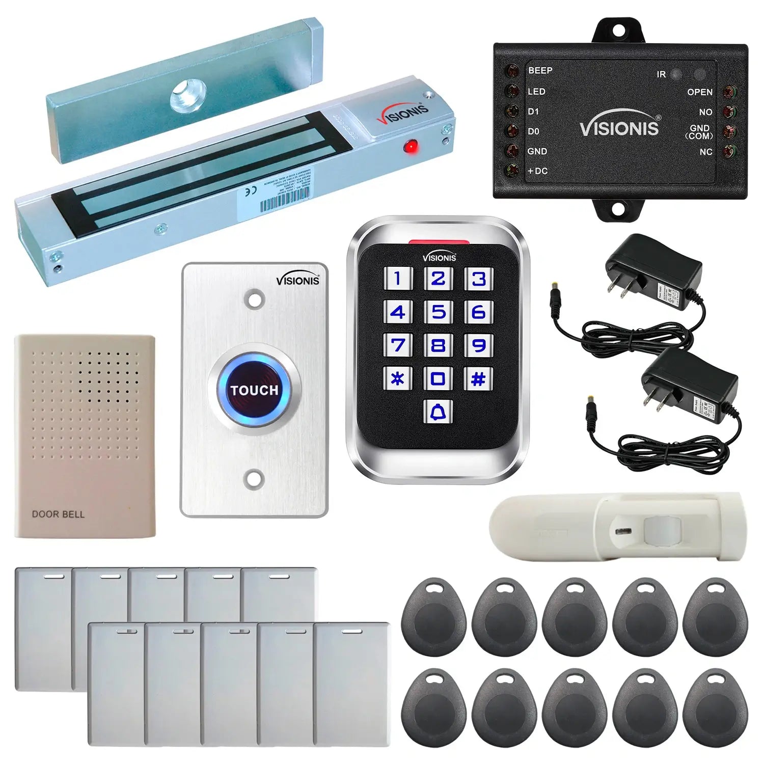 Standalone access control system with 300 lbs maglock, keypad card reader, push to exit button, motion sensors - FPC-5618-A