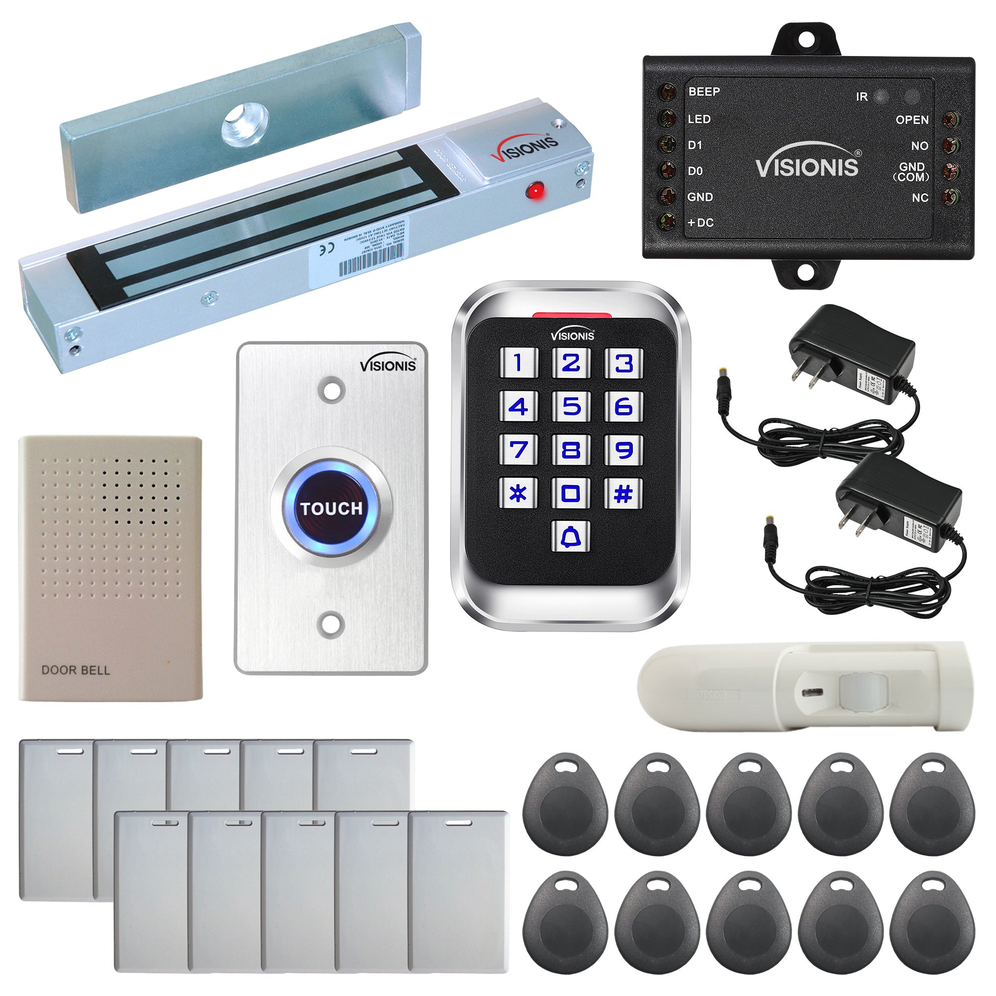 Visionis FPC-5618-A One Door Access Control Out Swinging Door 300lbs Maglock + Outdoor Metal Touch Keypad/Reader Standalone + Mini Controller + Wiegand 26, No Software, EM Card, 1000 Users + PIR Kit