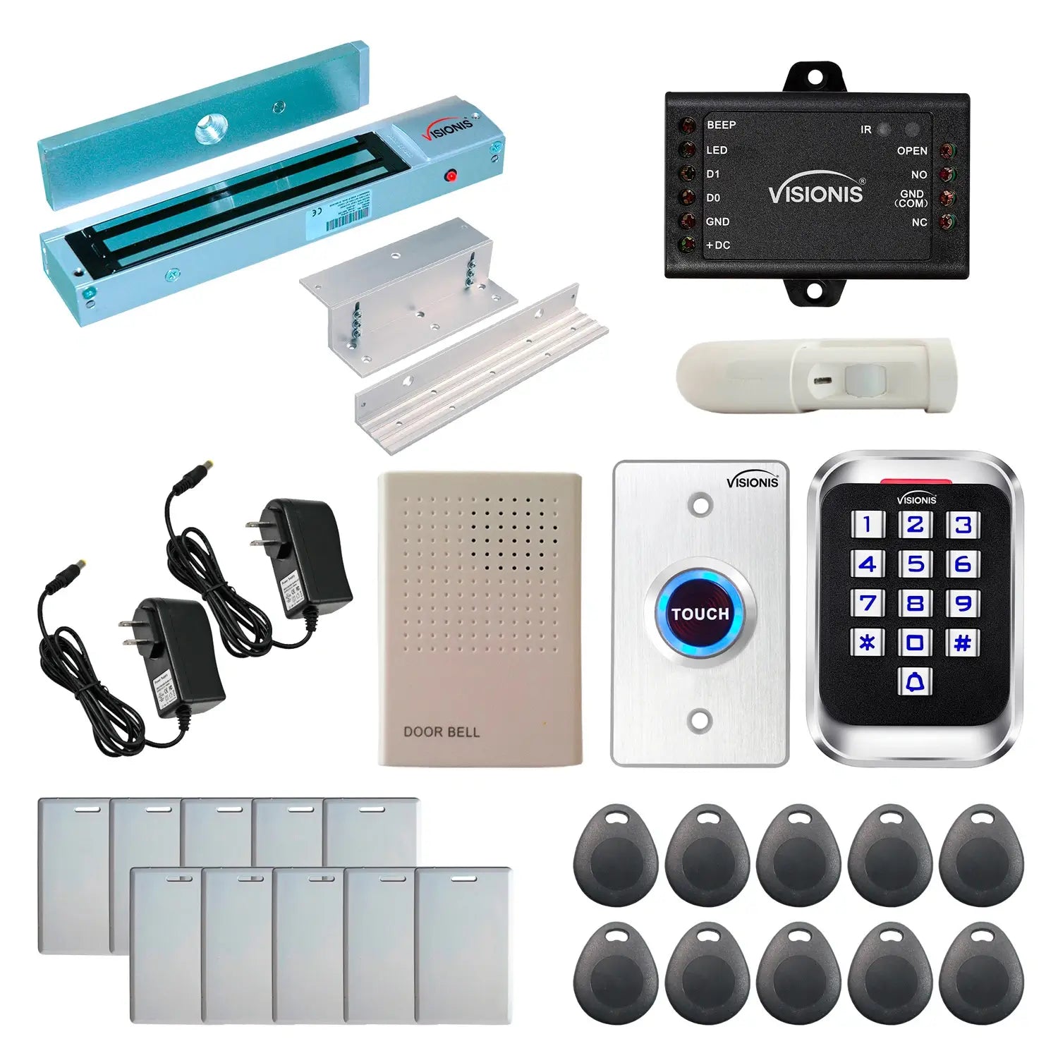 Standalone access control with 600 lbs maglock, keypad card reader, push to exit button, motion sensors - FPC-5619