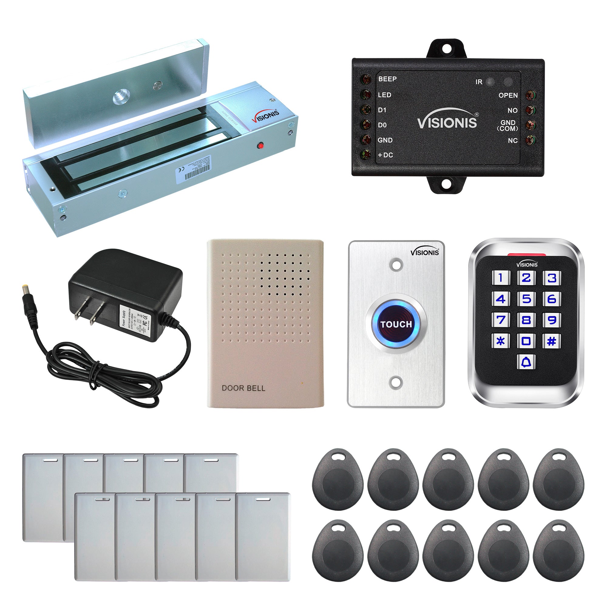 Visionis FPC-5620 One Door Access Control Out Swinging Door 1200lbs Maglock + Outdoor Metal Touch Keypad/Reader Standalone With Mini Controller + Wiegand 26, No Software, EM Card, 1000 Users Kit