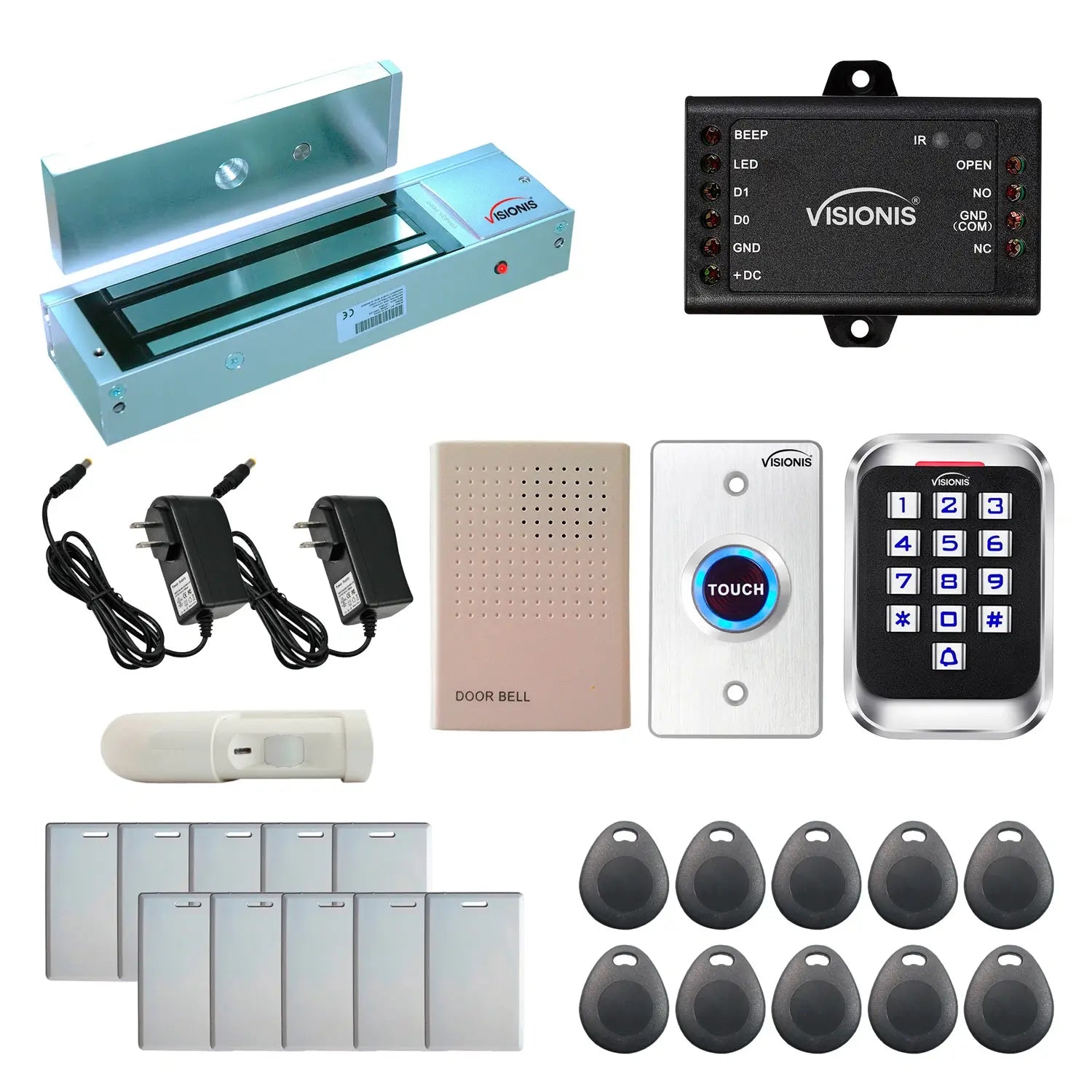 Standalone access control system with 1200 lbs maglock, keypad card reader, push to exit button, motion sensors - FPC-5622