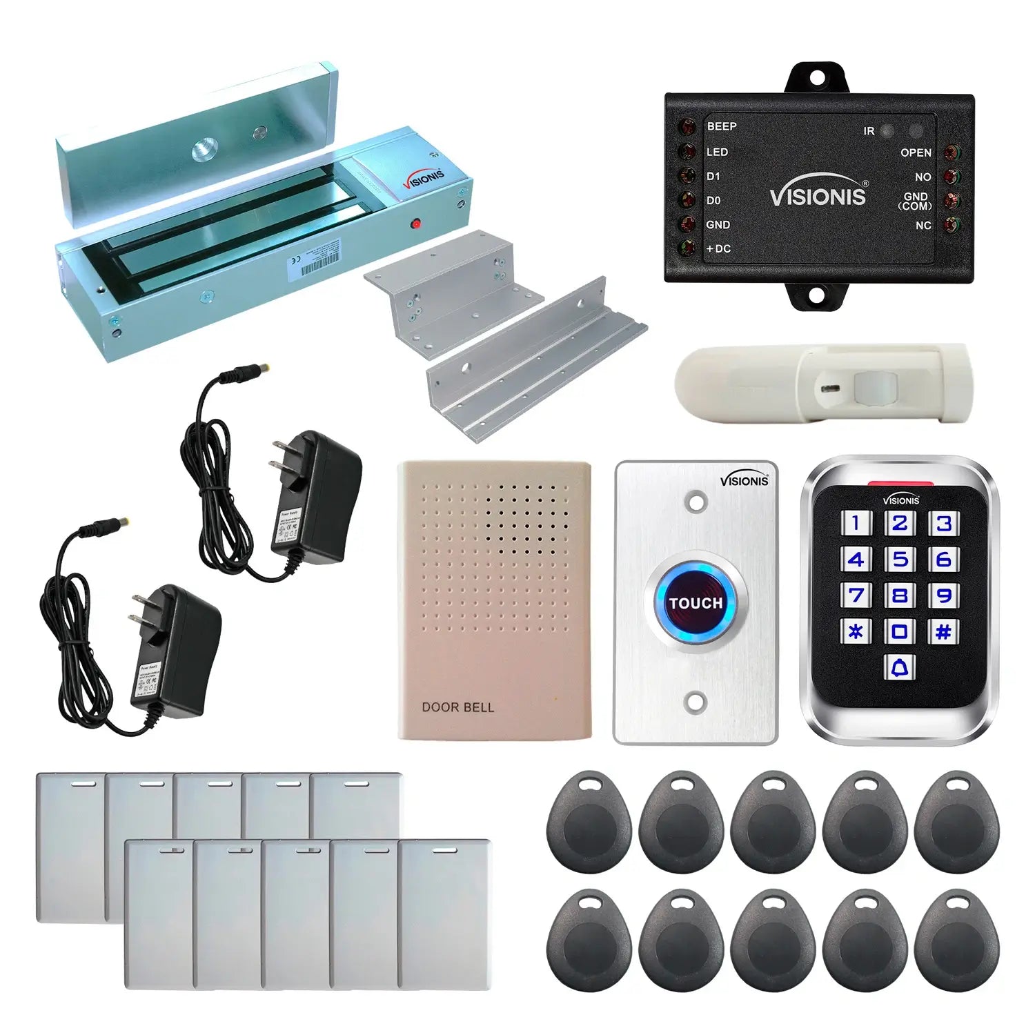 Standalone access control with 1200 lbs maglock, keypad card reader, push to exit button, motion sensors - FPC-5623
