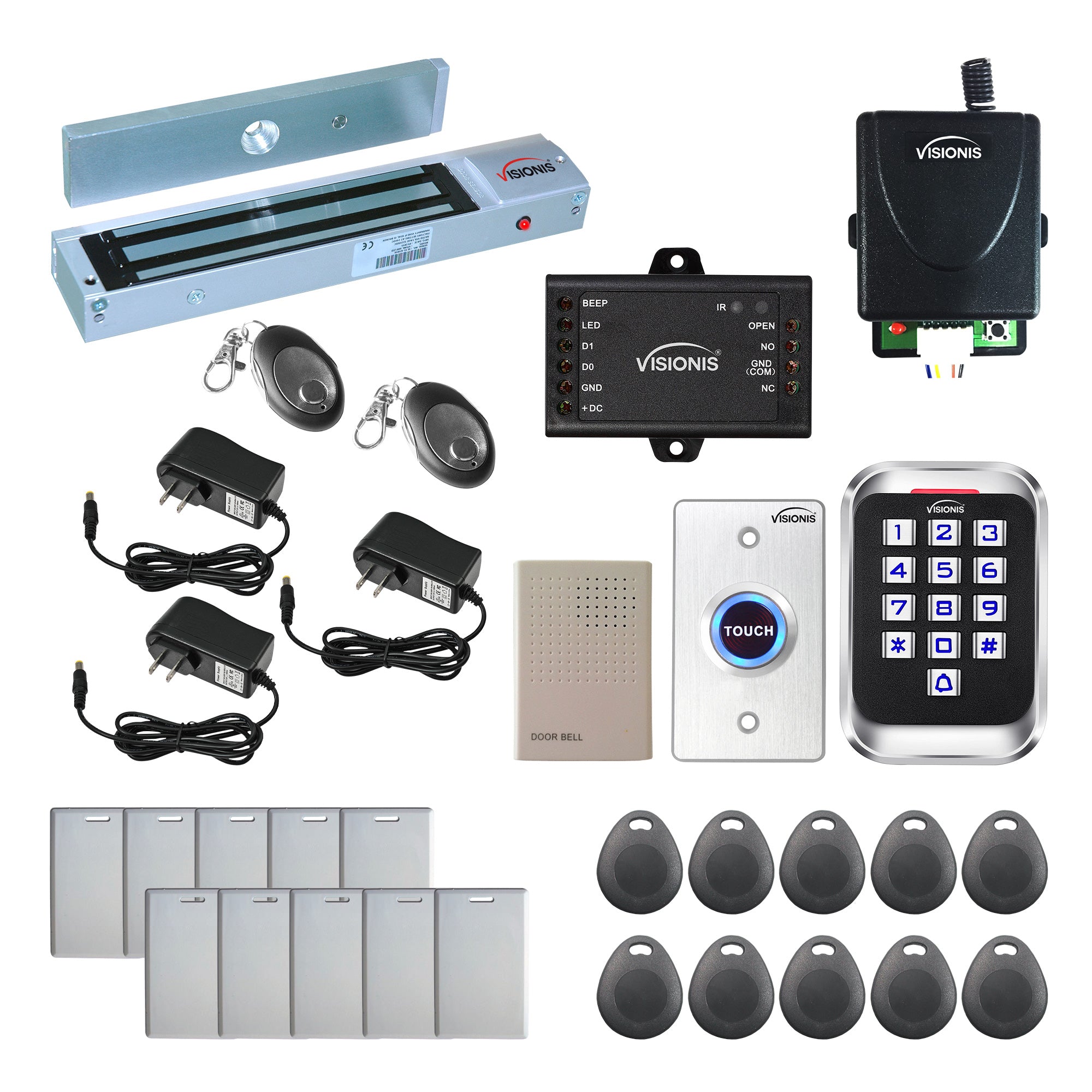 Visionis FPC-5628 One Door Access Control Out Swinging Door 600lbs Maglock + Outdoor Metal Touch Keypad/Reader Standalone + Mini Controller + Wiegand 26, No Software, EM Card + Wireless Receiver Kit