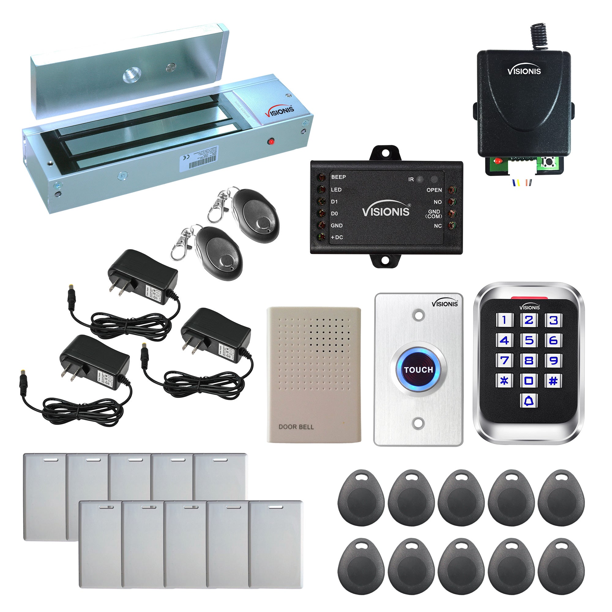 Visionis FPC-5632 One Door Access Control Out Swinging Door 1200lbs Maglock + Outdoor Metal Touch Keypad/Reader Standalone + Mini Controller + Wiegand 26, No Software, EM Card + Wireless Receiver Kit