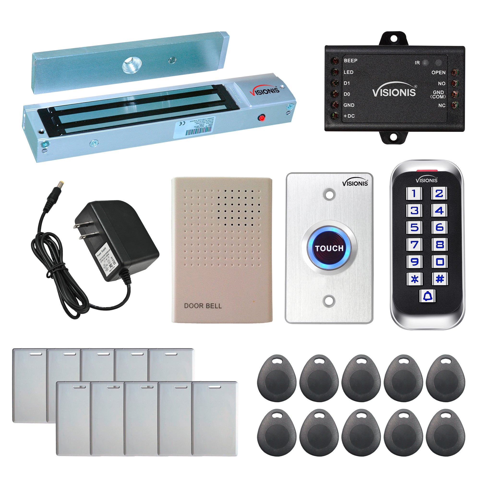 Visionis FPC-5640 One Door Access Control Out Swinging Door 600lbs Maglock + Outdoor Slim Metal Touch Keypad/Reader Standalone With Mini Controller + Wiegand 26, No Software, EM Card, 1000 Users Kit