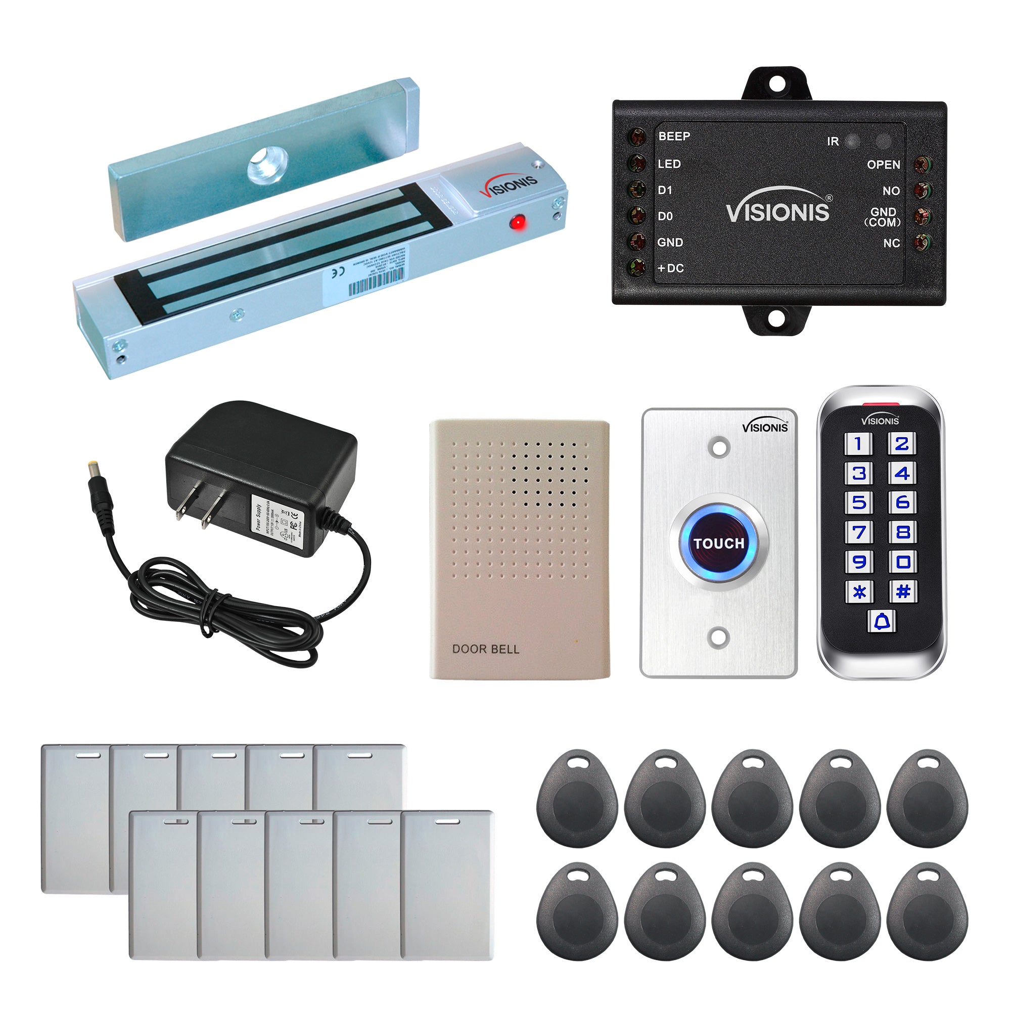 Visionis FPC-5640-A One Door Access Control Out Swinging Door 300lbs Maglock + Outdoor Slim Metal Touch Keypad/Reader Standalone With Mini Controller + Wiegand 26, No Software, EM Card, 1000 Users Kit