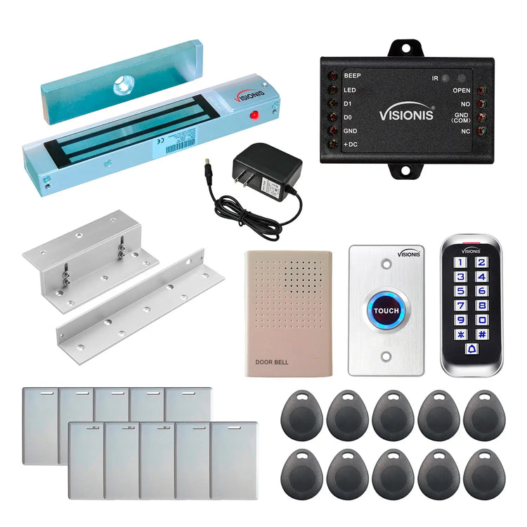 Standalone access control system with 300 lbs maglock, keypad card reader, push to exit button - FPC-5641-A