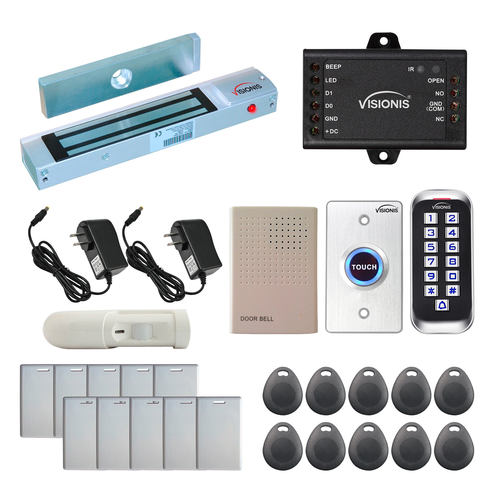 Visionis FPC-5642-A One Door Access Control Out Swinging Door 300lbs Maglock + Outdoor Slim Metal Touch Keypad/Reader Standalone + Mini Controller + Wiegand 26, No Software, EM Card, 1000 Users + PIR