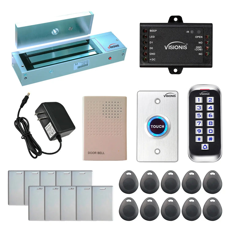 Standalone access control system with 1200 lbs maglock, keypad card reader, push to exit button - FPC-5645