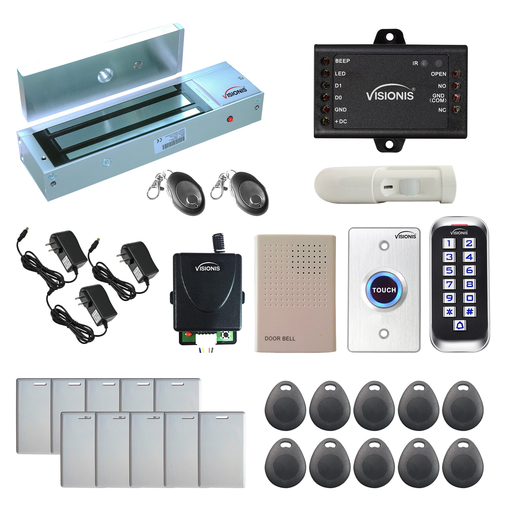 FPC-5658 One Door Access Control Out Swinging Door 1200lbs Maglock + Outdoor Slim Metal Touch Keypad/Reader Standalone + Mini Controller + Wiegand 26, No Software, EM Card + Wireless Receiver + PIR