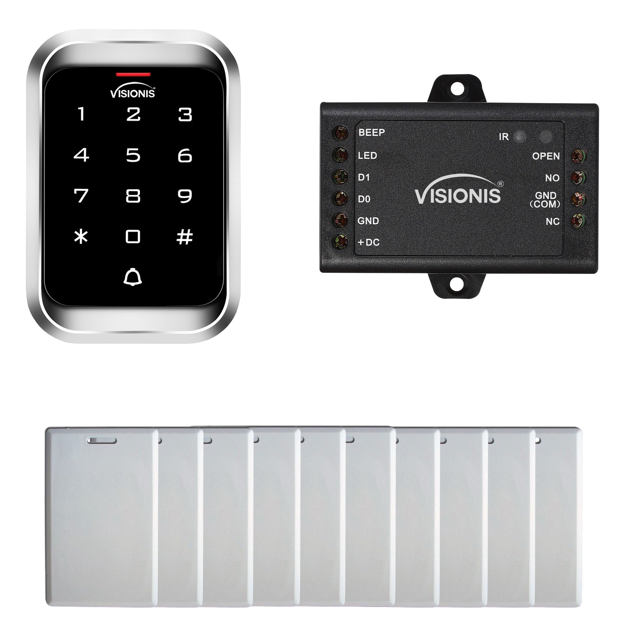 FPC-5660 VIS-3000 Access Control Indoor, Outdoor Rated IP68 Metal Keypad, Reader Standalone With Mini Controller, Wiegand 26 No Software EM Cards 1000 Users Kit, Pack Of 10 Proximity Cards