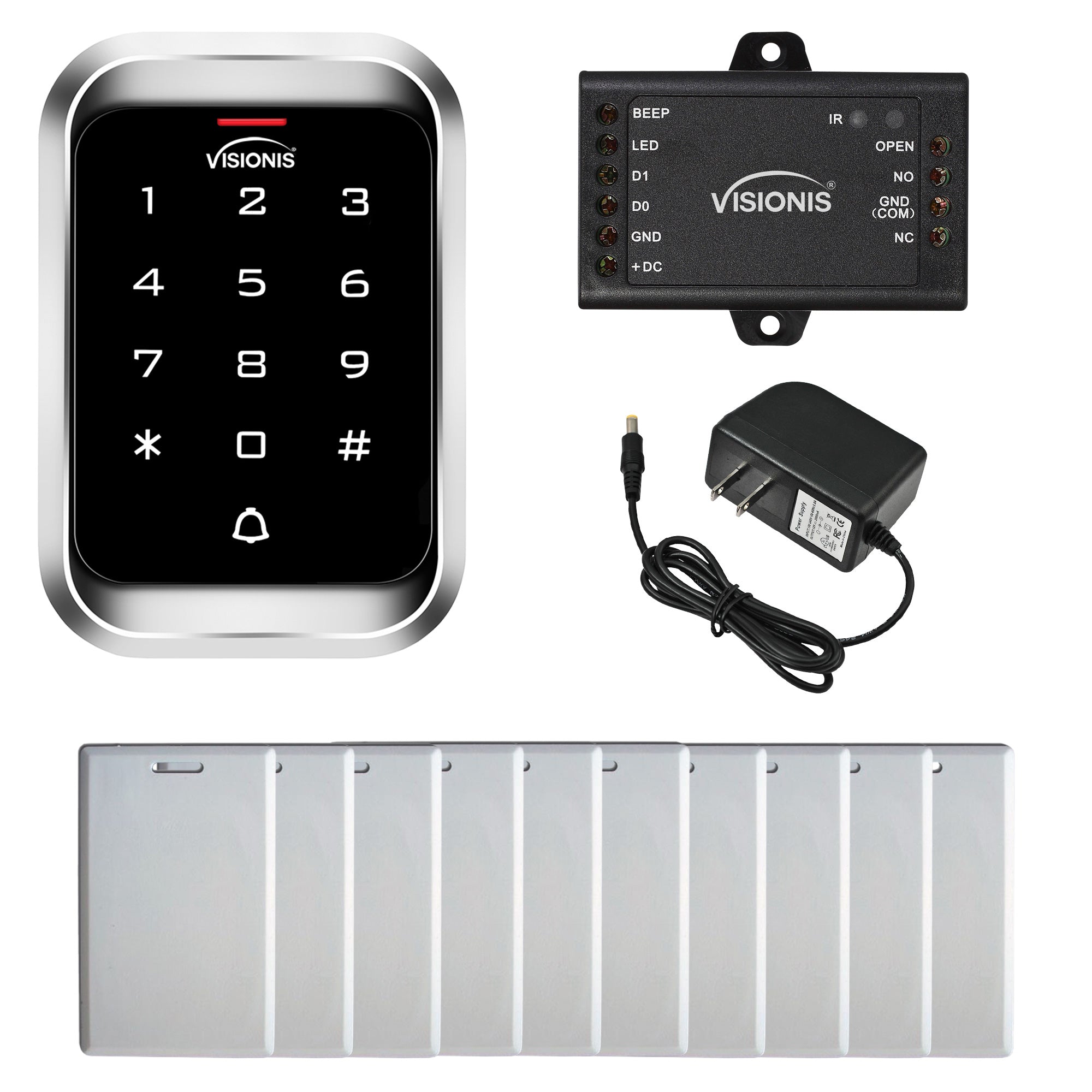 FPC-5662 VIS-3000 Access Control Indoor + Outdoor Rated IP68 Keypad + Reader Standalone With Mini Controller, Wiegand 26 No Software EM Cards 1000 Users Kit + Power Supply, Pack Of 10 Proximity Cards