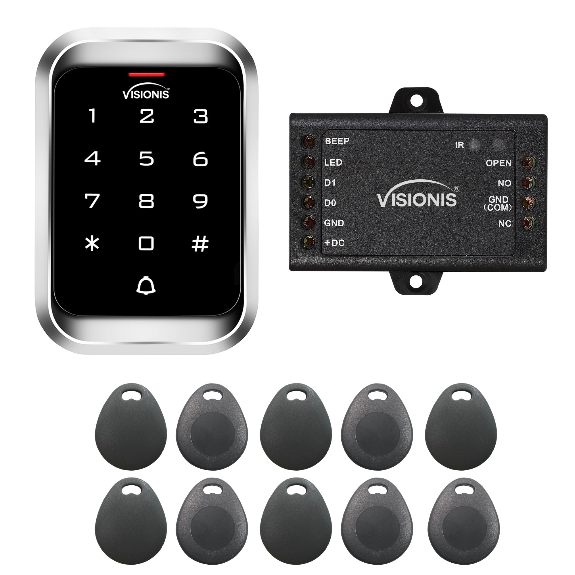 FPC-5663 Visionis VIS-3000 Access Control Indoor + Outdoor Rated IP68 Metal Keypad, Reader Standalone With Mini Controller, Wiegand 26 No Software EM Cards Kit, Pack Of 10 Proximity Key Tags