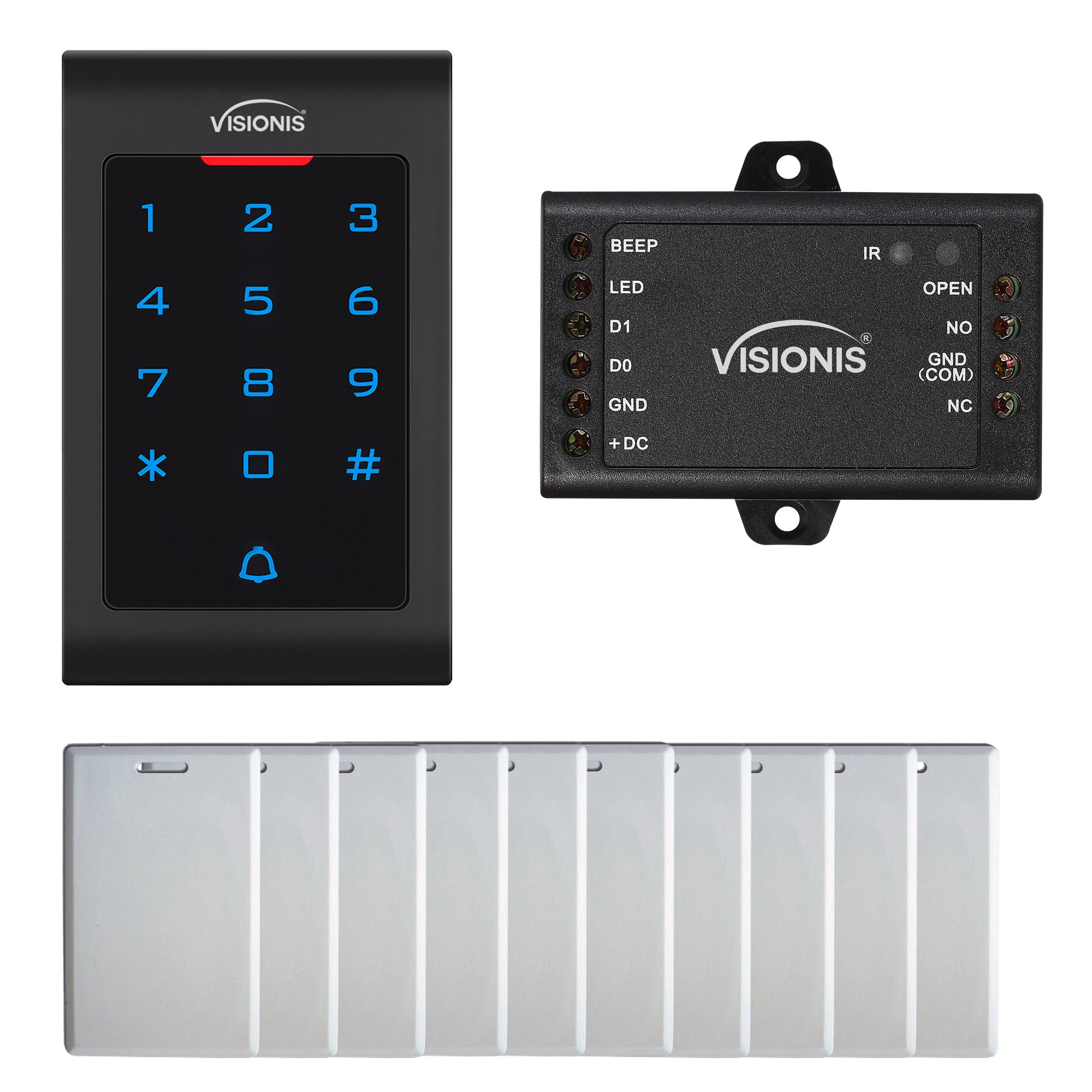 Standalone Access Control Keypad and Card Reader VIS-3002. Indoor Only Digital Touch Keypad. Wiegand 26. Standard Design. No Software + Mini Controller + Pack 10 Proximity Cards - FPC-5670 Visionis