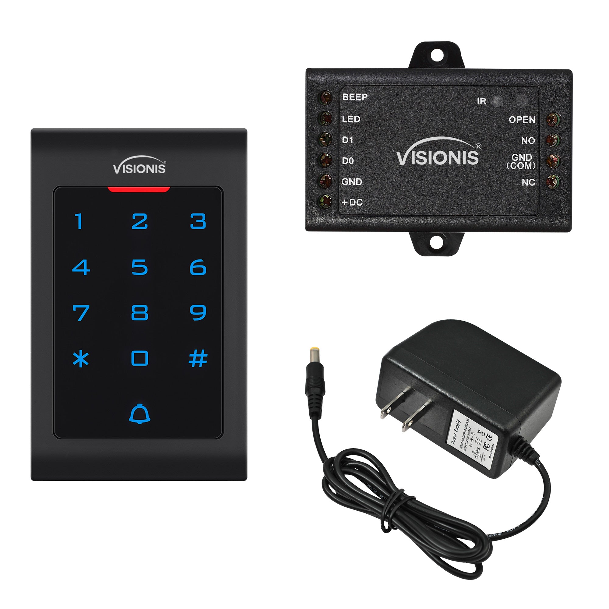 FPC-5671 Visionis VIS-3002 Access Control Indoor Only Plastic Housing Keypad Reader Standalone With Mini Controller, Wiegand 26 No Software EM Cards, 1000 Users With Doorbell + Power Supply Included