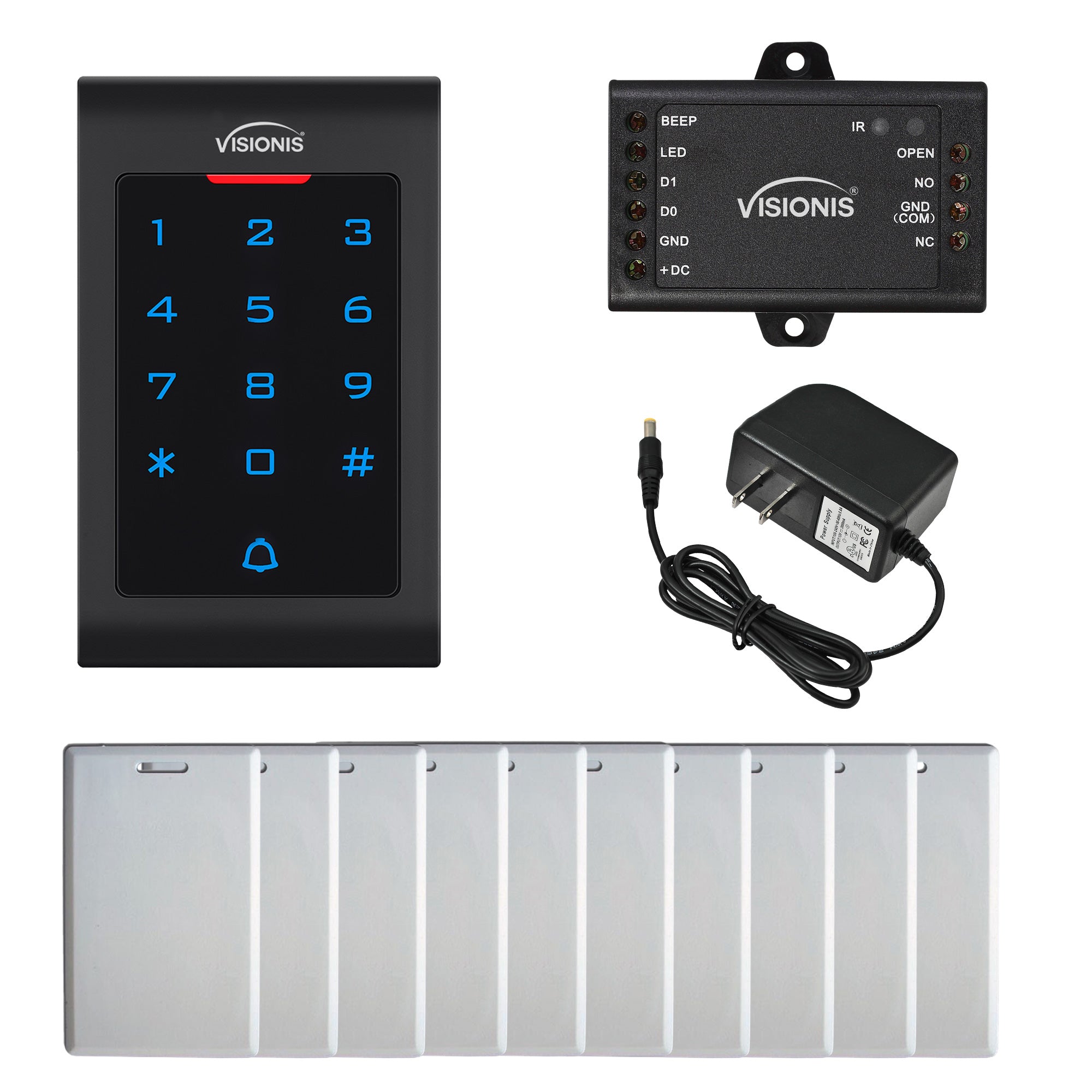 FPC-5672 VIS-3002 Access Control Indoor Only Plastic Housing Keypad Reader Standalone With Mini Controller, Wiegand 26 No Software, EM Cards 1000 Users + Power Supply + Pack Of 10 Proximity Cards