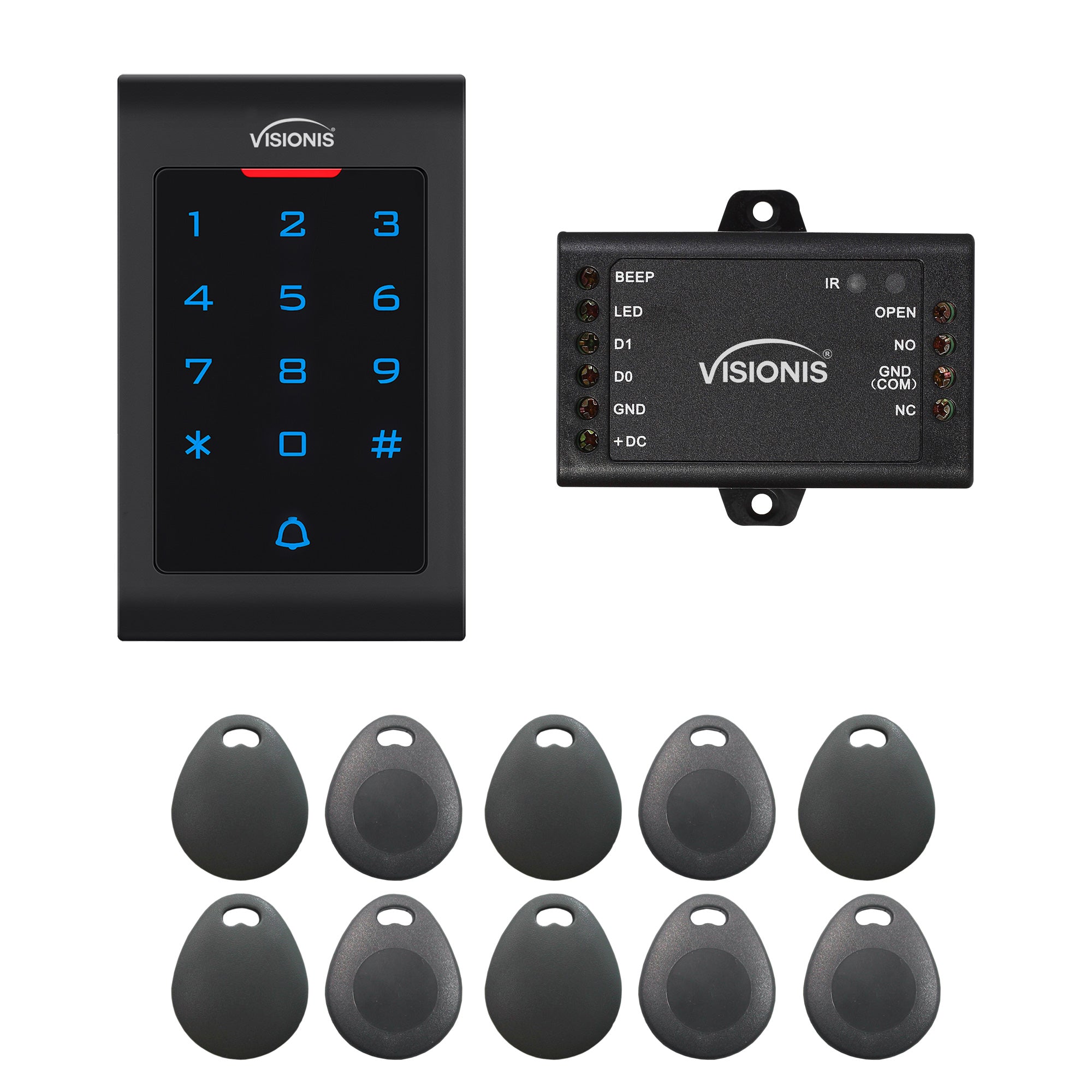 Standalone Access Control Keypad and Card Reader VIS-3002. Indoor Only Digital Touch Keypad. Wiegand 26. No Software. Compatible with EM Card + Mini Controller + Pack Of 10 Key Fob - FPC-5673