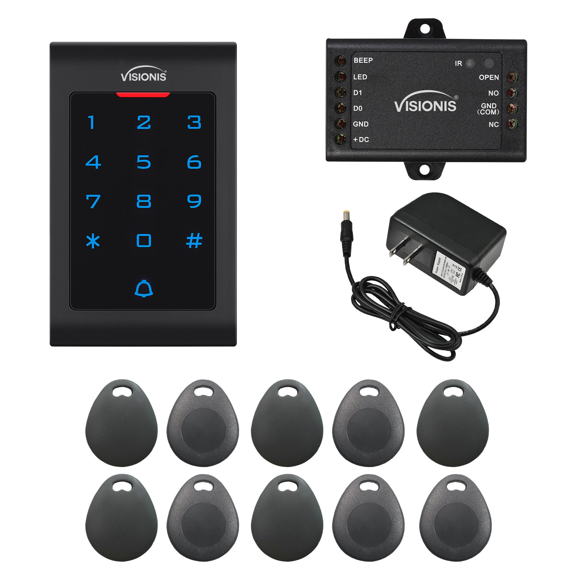 FPC-5674 VIS-3002 Access Control Indoor Only Plastic Housing Keypad Reader Standalone With Mini Controller, Wiegand 26 No Software, EM Card, 1000 Users + Pack Of 10 Key Fobs + Power Supply Included