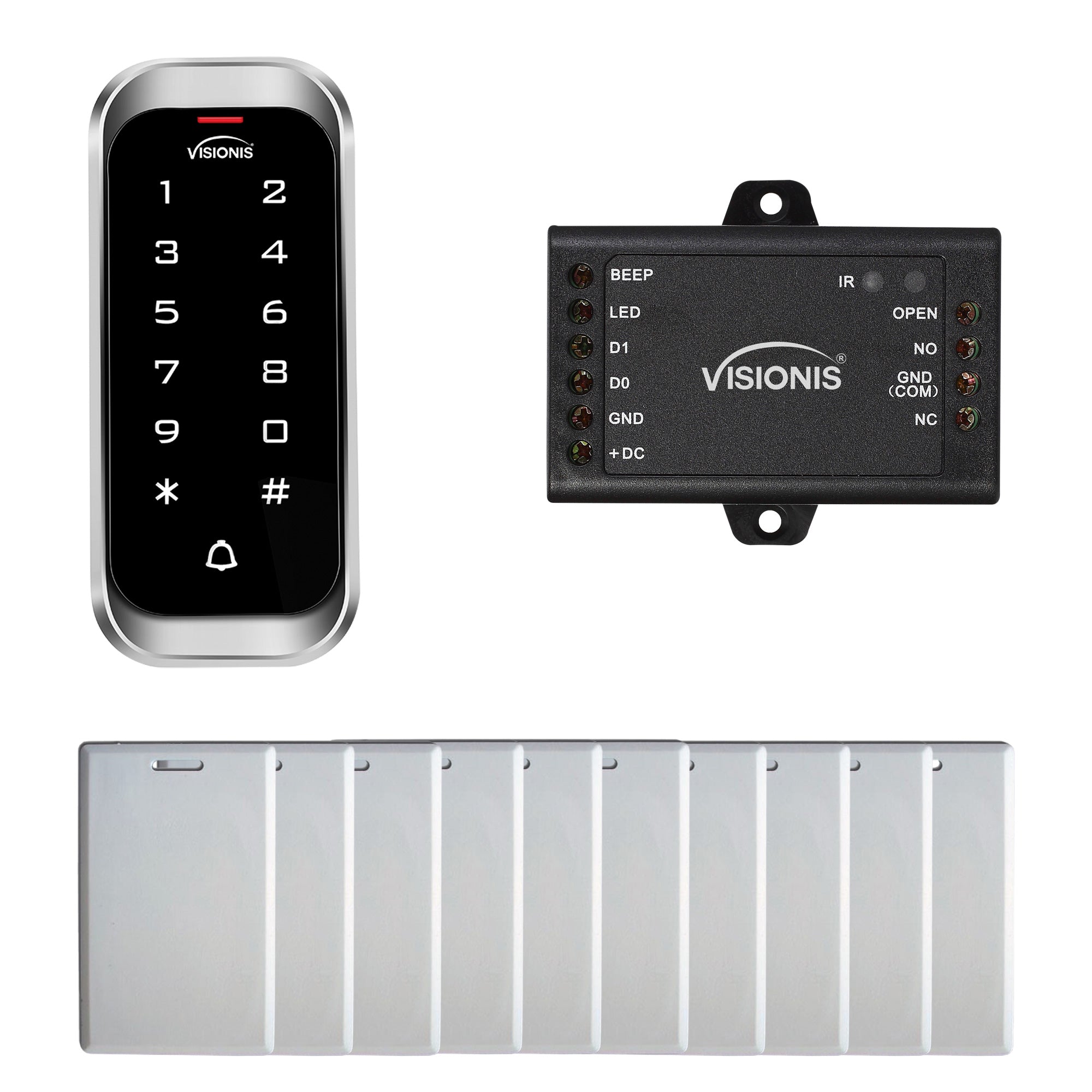 FPC-5676 Visionis VIS-3003 Access Control Indoor + Outdoor Rated IP68 Metal Keypad, Reader Standalone With Mini Controller, Wiegand 26, No Software EM Cards 1000 Users, 10 Pack Of Proximity Cards