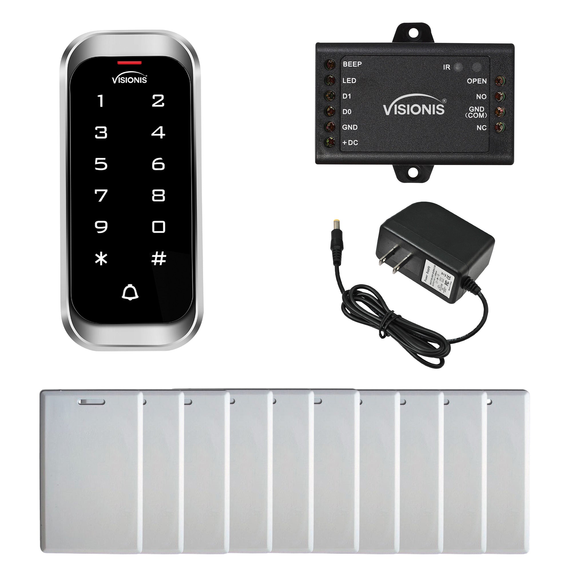 FPC-5678 Visionis VIS-3003 Access Control Indoor + Outdoor Rated IP68 Metal Keypad, Reader Standalone With Mini Controller, Wiegand 26 No Software, EM Cards + Power Supply, Pack Of 10 Proximity Cards