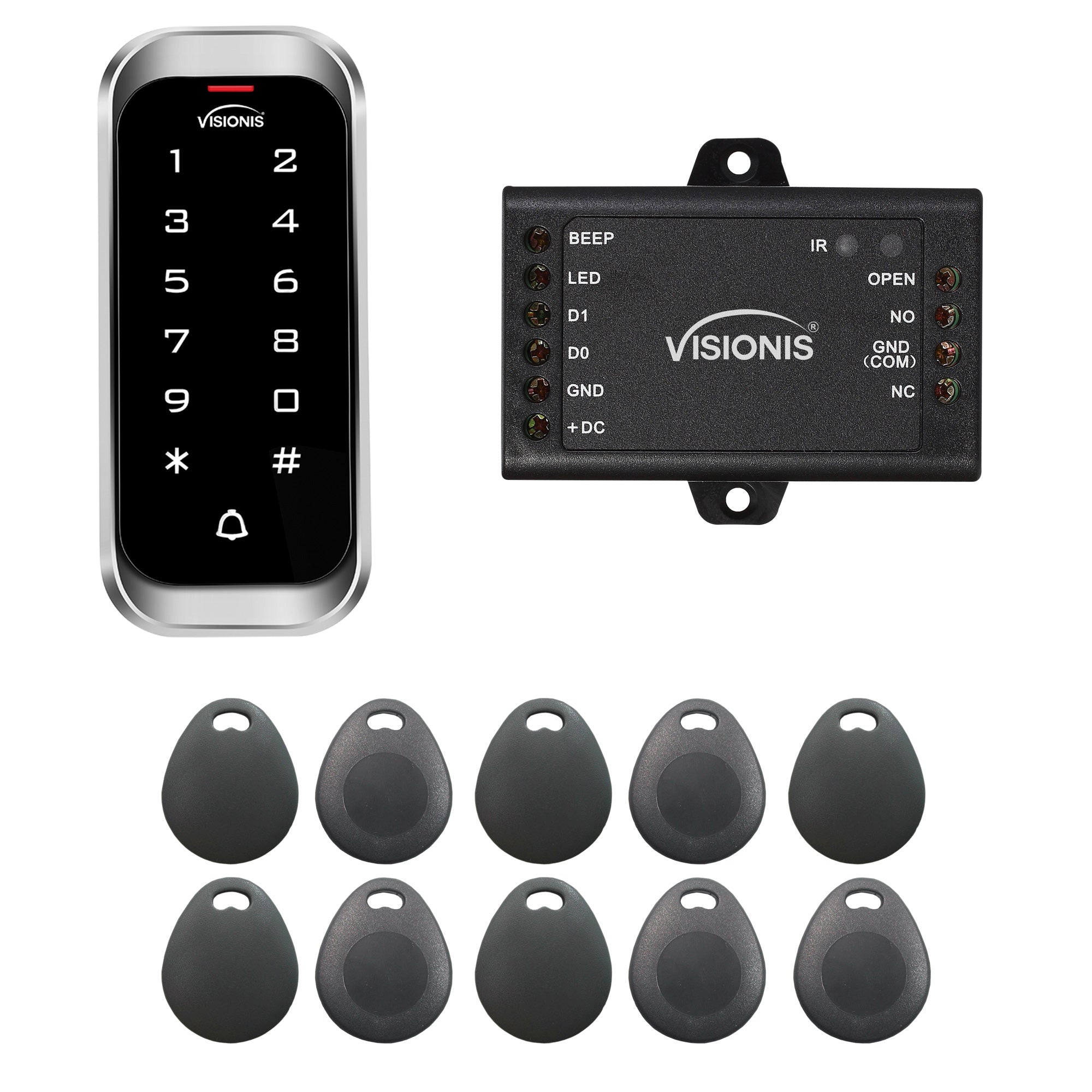 FPC-5679 VIS-3003 Access Control Indoor + Outdoor Rated IP68 Metal Keypad + Reader Standalone With Mini Controller, Wiegand 26, Slim Design No Software EM Cards, 1000 Users, 10 Pack Of Key Tags