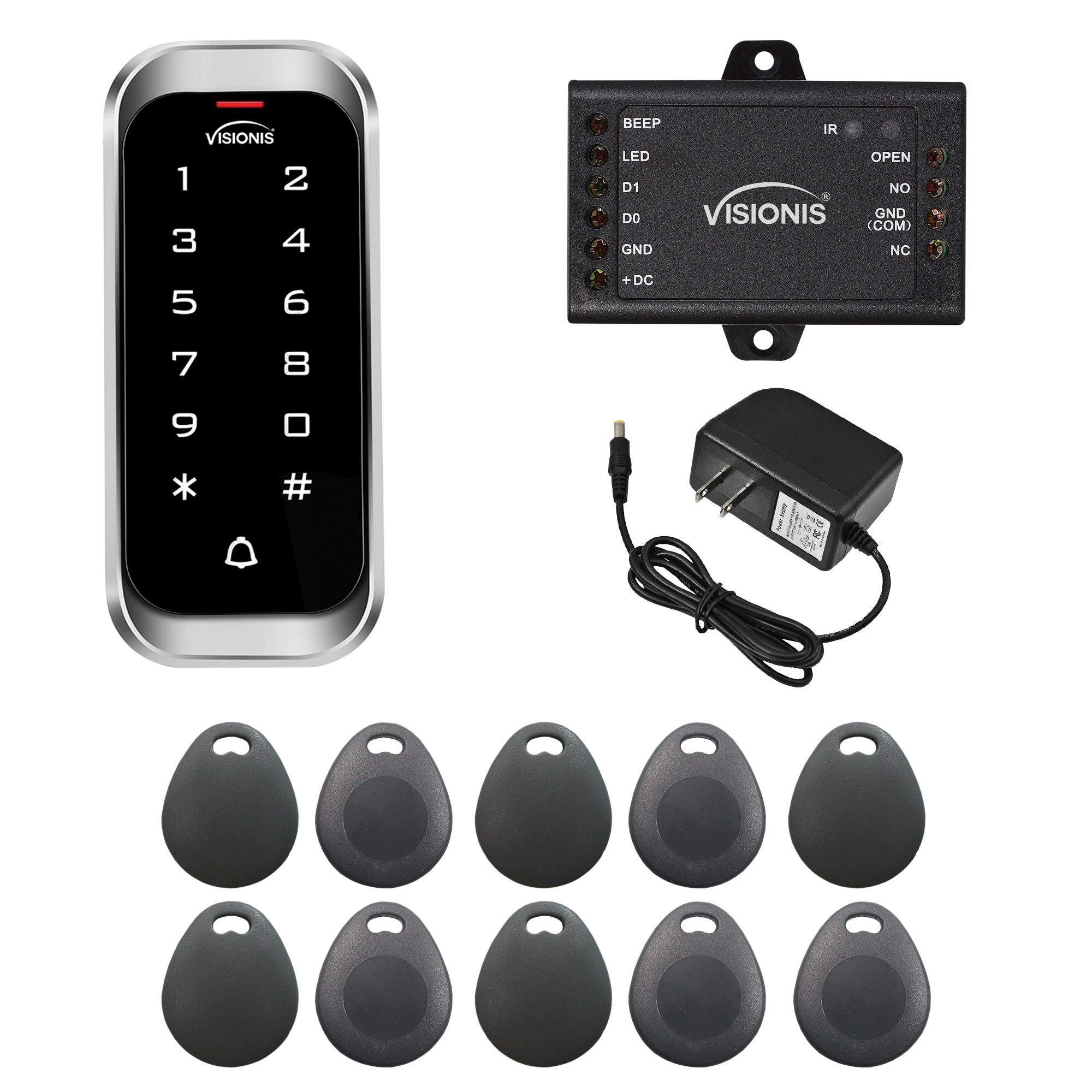 FPC-5680 Visionis VIS-3003 Access Control Indoor + Outdoor Rated IP68 Metal Keypad + Reader Standalone With Mini Controller + Wiegand 26, No Software, EM Cards, 10 Pack Of Key Tags + Power Supply