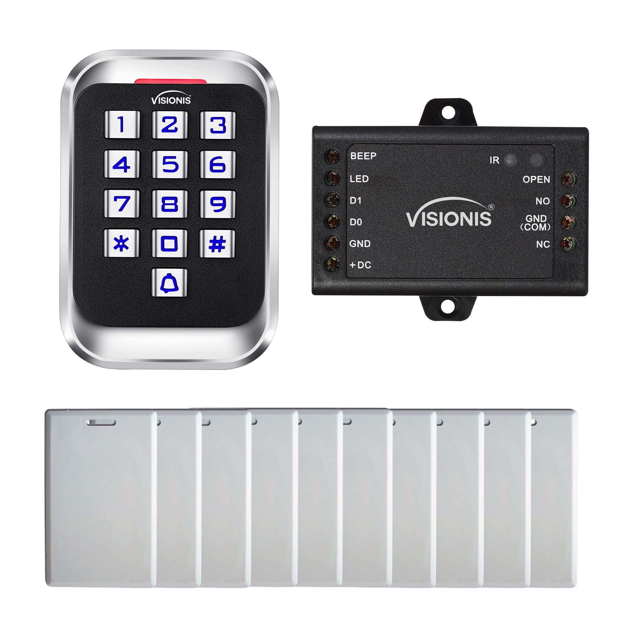 FPC-5681 Visionis VIS-3004 Access Control Indoor + Outdoor Rated IP68 Metal Keypad + Reader Standalone With Mini Controller + Wiegand 26, No Software, EM Cards, 1000 Users, Pack Of 10 Proximity Cards