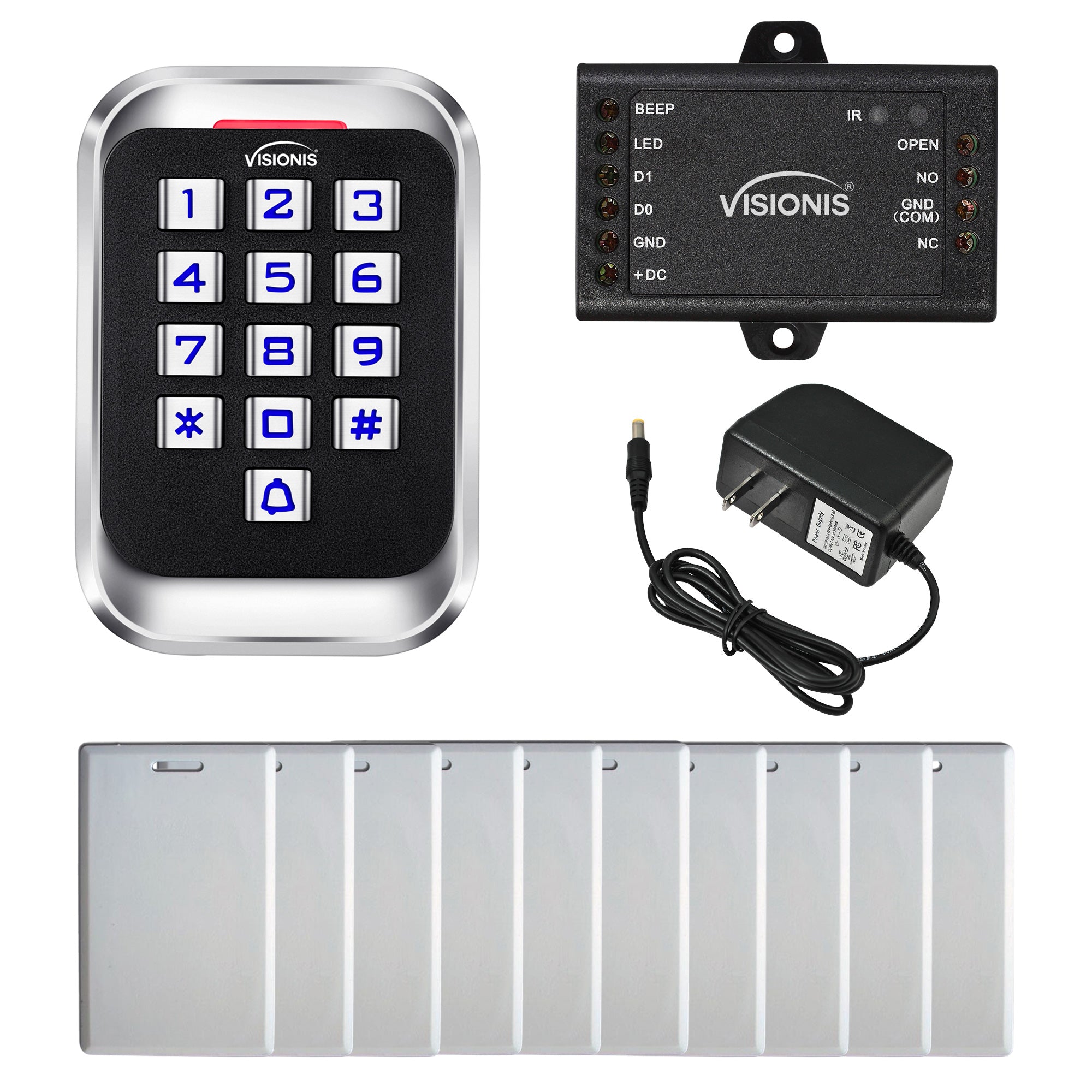 FPC-5683 Visionis VIS-3004 Access Control Indoor, Outdoor Rated IP68 Metal Keypad, Reader Standalone With Mini Controller + Wiegand 26, No Software, EM Cards + Power Supply, Pack 10 Proximity Cards