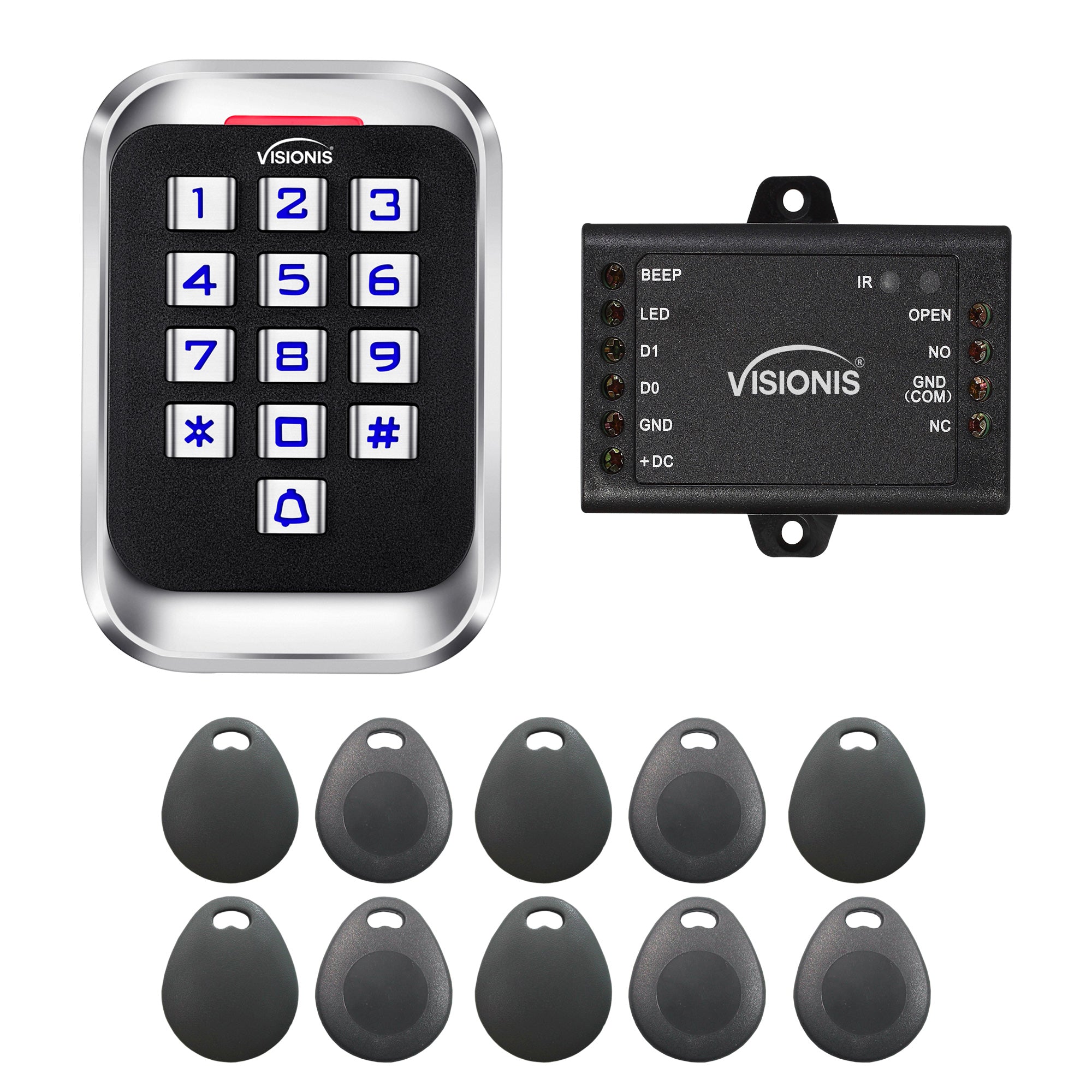 FPC-5684 Visionis VIS-3004 Access Control Indoor + Outdoor Rated IP68 Metal Keypad + Reader Standalone With Mini Controller + Wiegand 26, No Software, EM Cards, 1000 Users + Pack Of 10 Key Fobs