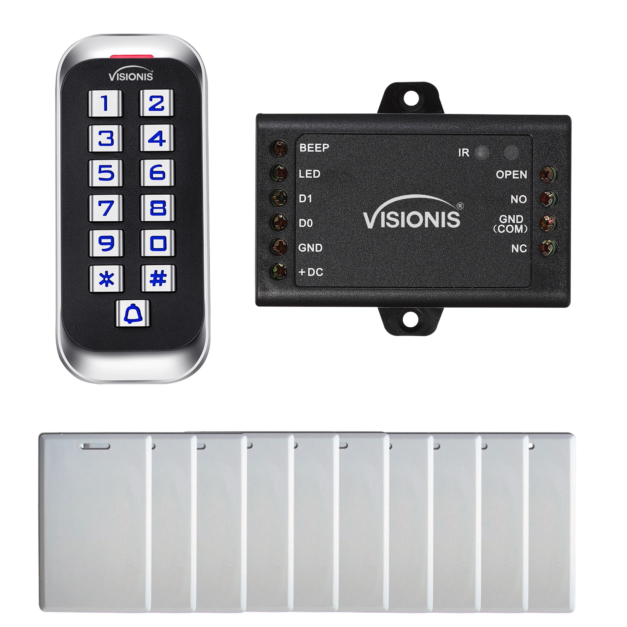 FPC-5686 Visionis VIS-3005 Access Control Weatherproof Metal Touch Keypad Reader Standalone With Mini Controller + Wiegand 26 No Software, EM Cards, 1000 Users, Slim Version + Pack 10 Proximity Cards